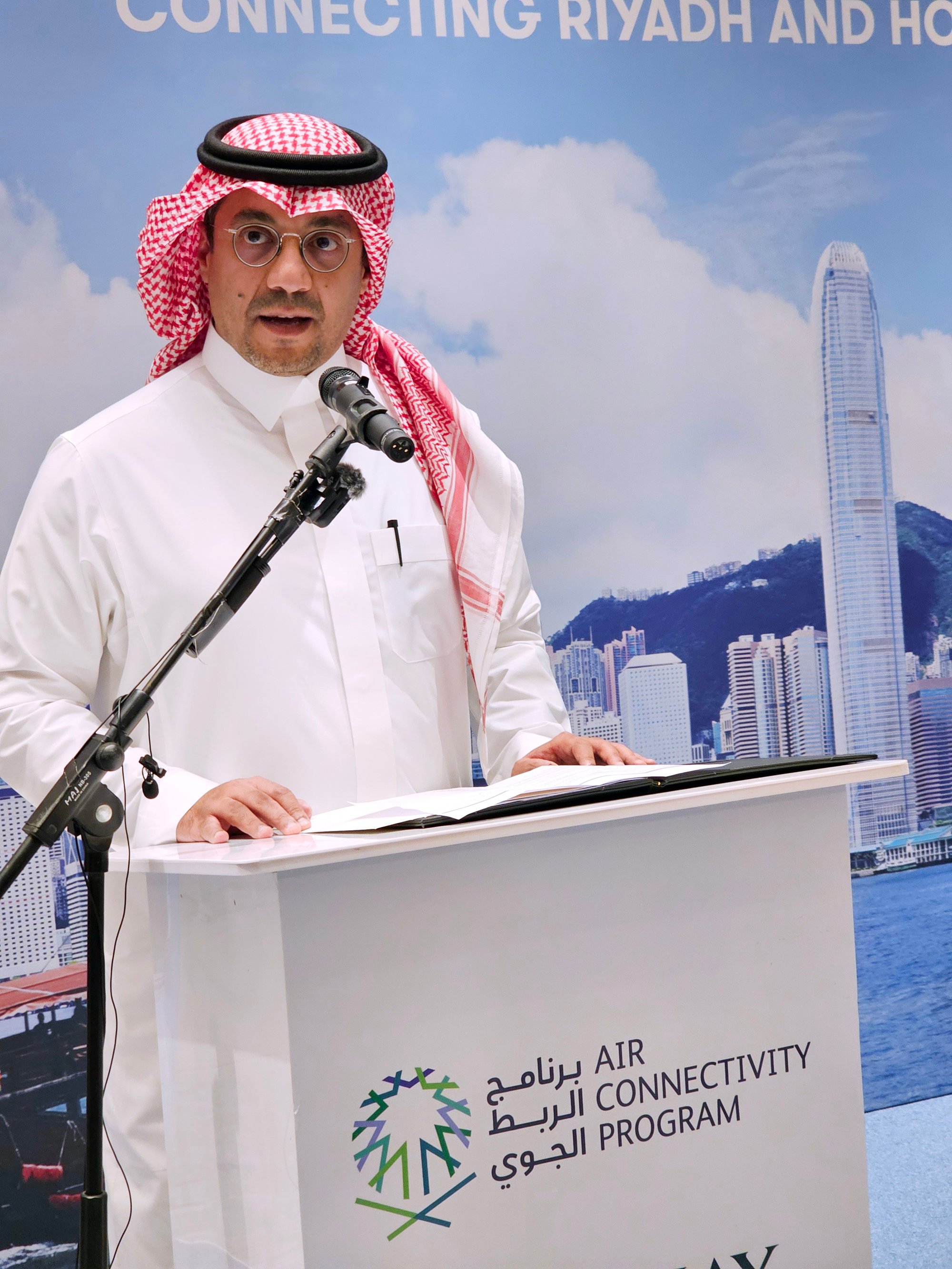 Abdullah Alhagbani, chief partnership and executive affairs officer of the Saudi Tourism Authority during the welcoming ceremony for Cathay Pacific’s flight to Riyadh on October 29, 2024, at the St Regis Hotel. Photo: Enoch Yiu