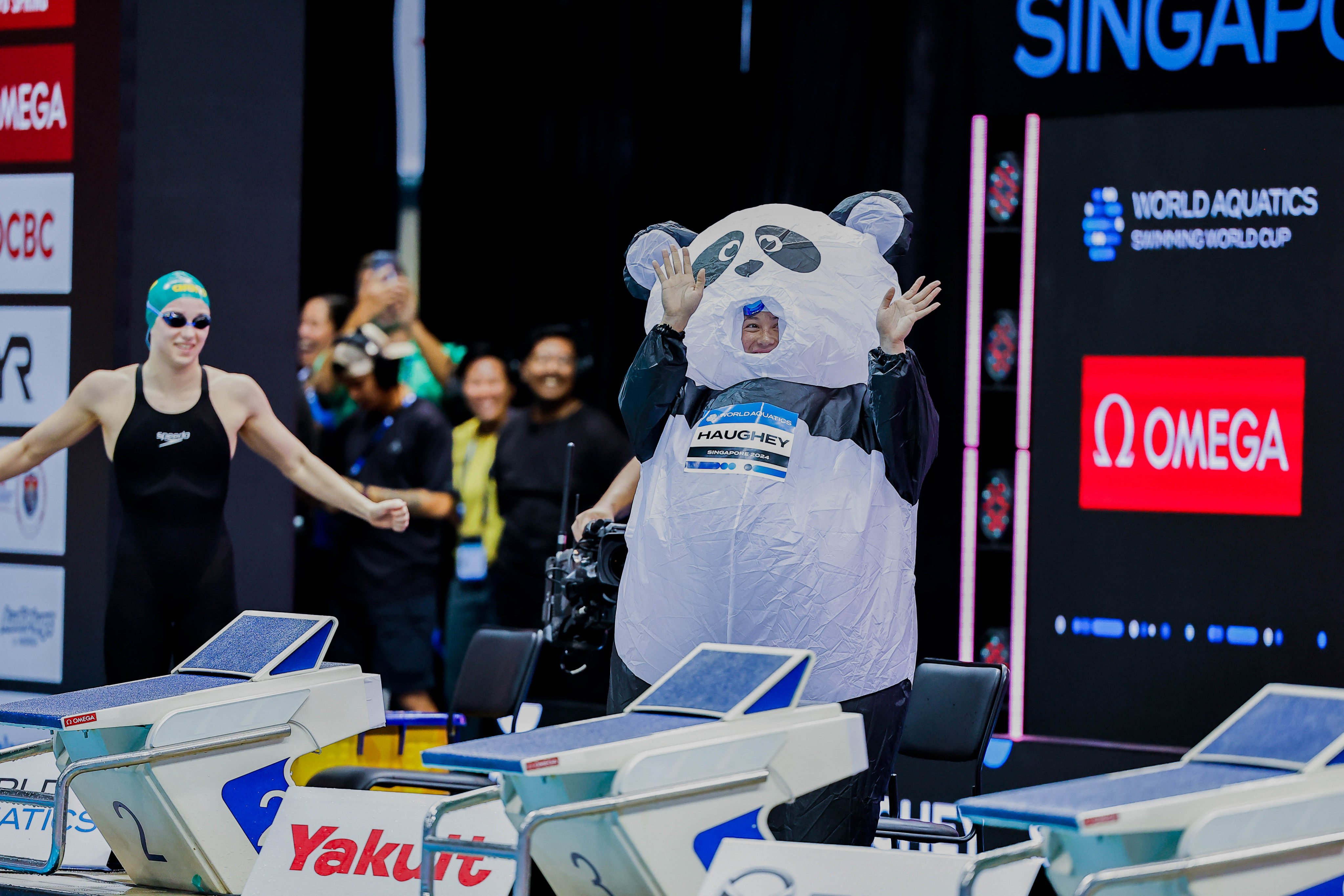 Siobhan Haughey earned the biggest laugh of the night at the World Aquatics Swimming World Cup in Singapore, entering arena for the women’s 50m freestyle final dressed in an inflatable panda costume to celebrate her birthday. Photo: World Aquatics