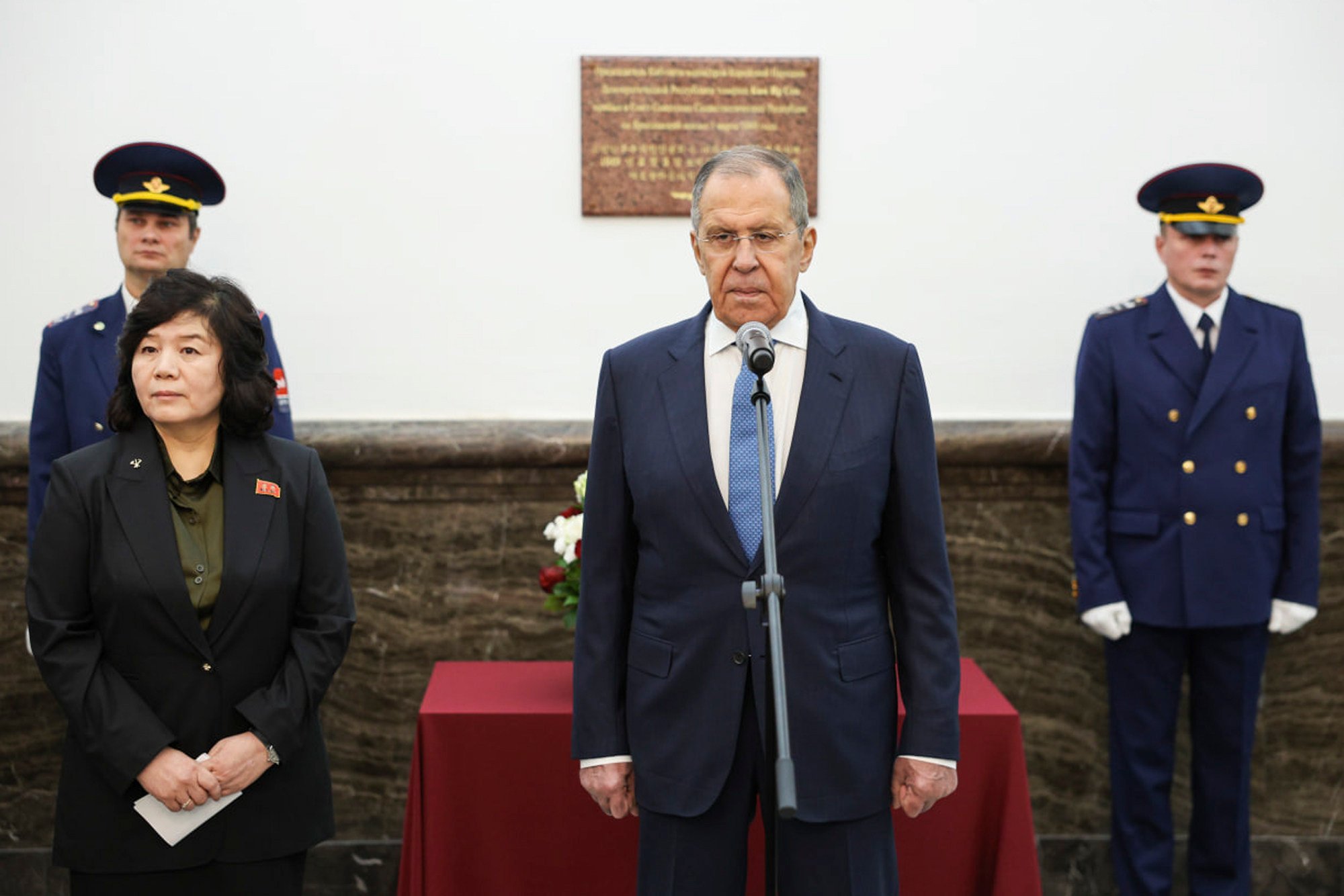 Russian Foreign Minister Sergey Lavrov, (right), and North Korean Foreign Minister Choe Son Hui attend an unveiling ceremony of the plaque to mark Kim Il Sung’s 1949 visit to USSR, at Yaroslavsky railway terminal in Moscow, Russia on Friday. Photo: Russian Foreign Ministry Press Service/AP