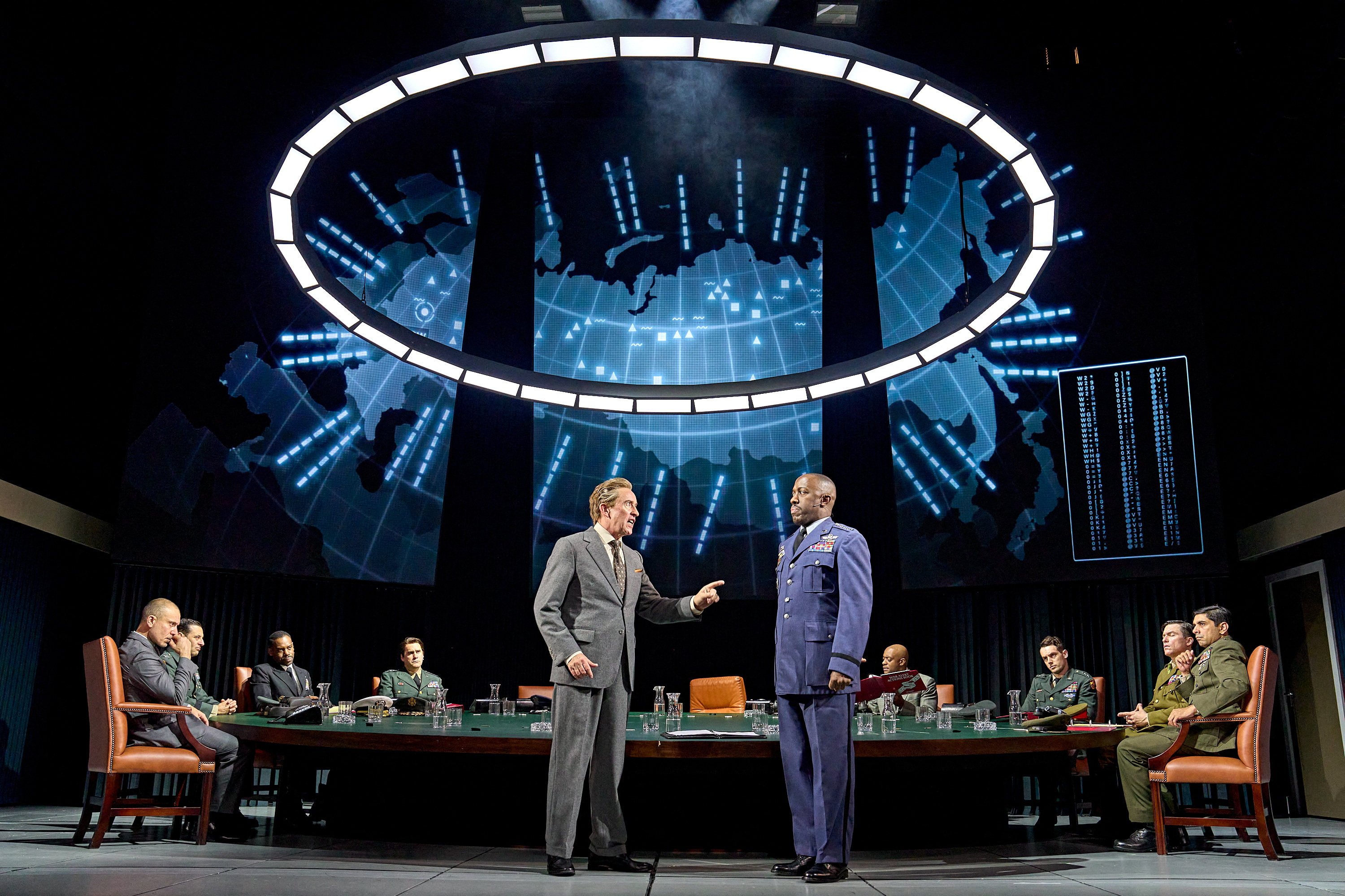 Steve Coogan (front, left) takes on several roles in the new stage version of Dr. Strangelove, including US President Merkin Muffley and German scientific adviser Dr Strangelove. The play is running at the Noël Coward Theatre in London. Photo: Reuters