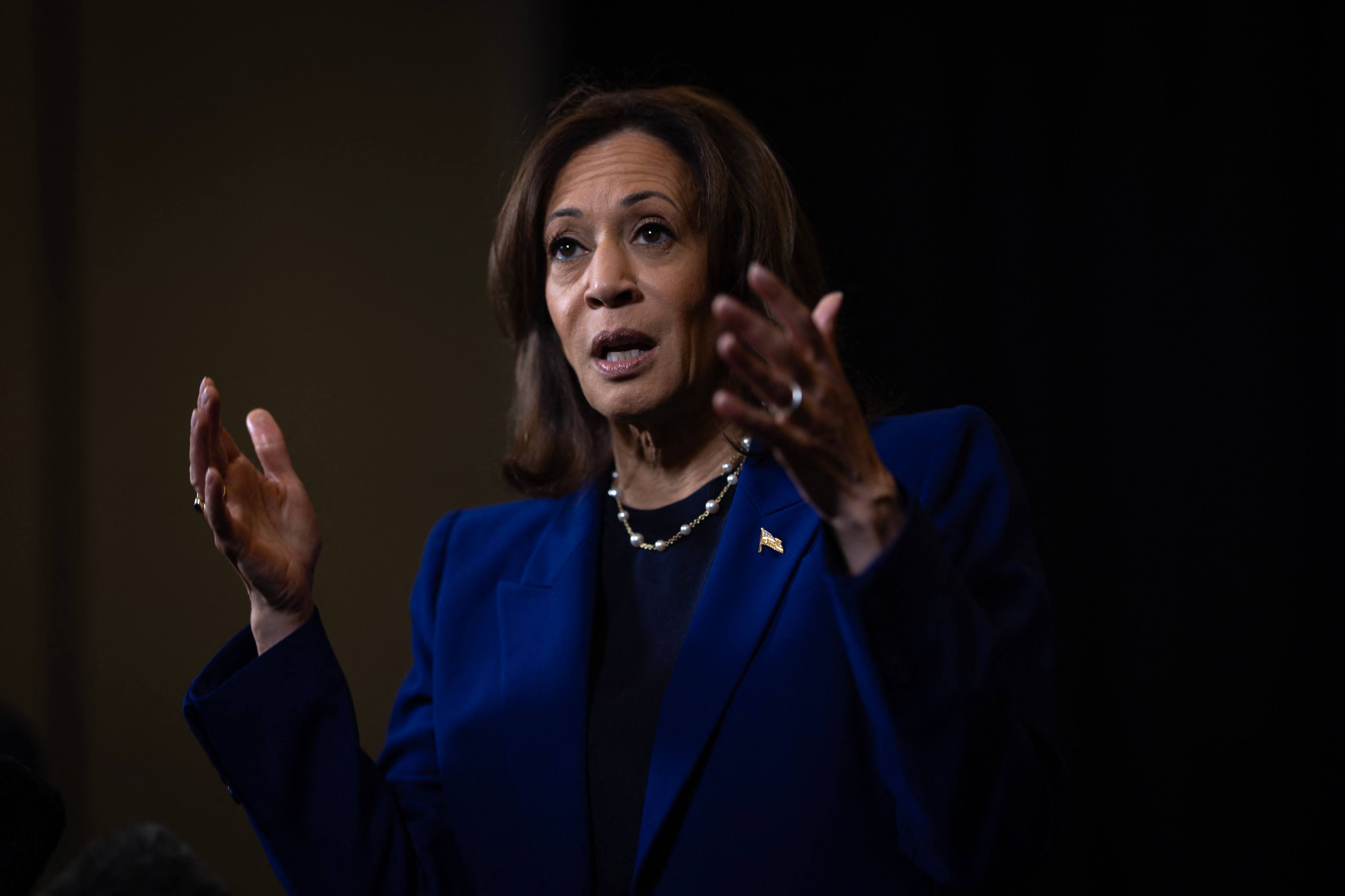 US Vice-President Kamala Harris speaks to the press in Madison, Wisconsin, on Thursday. Photo: AFP