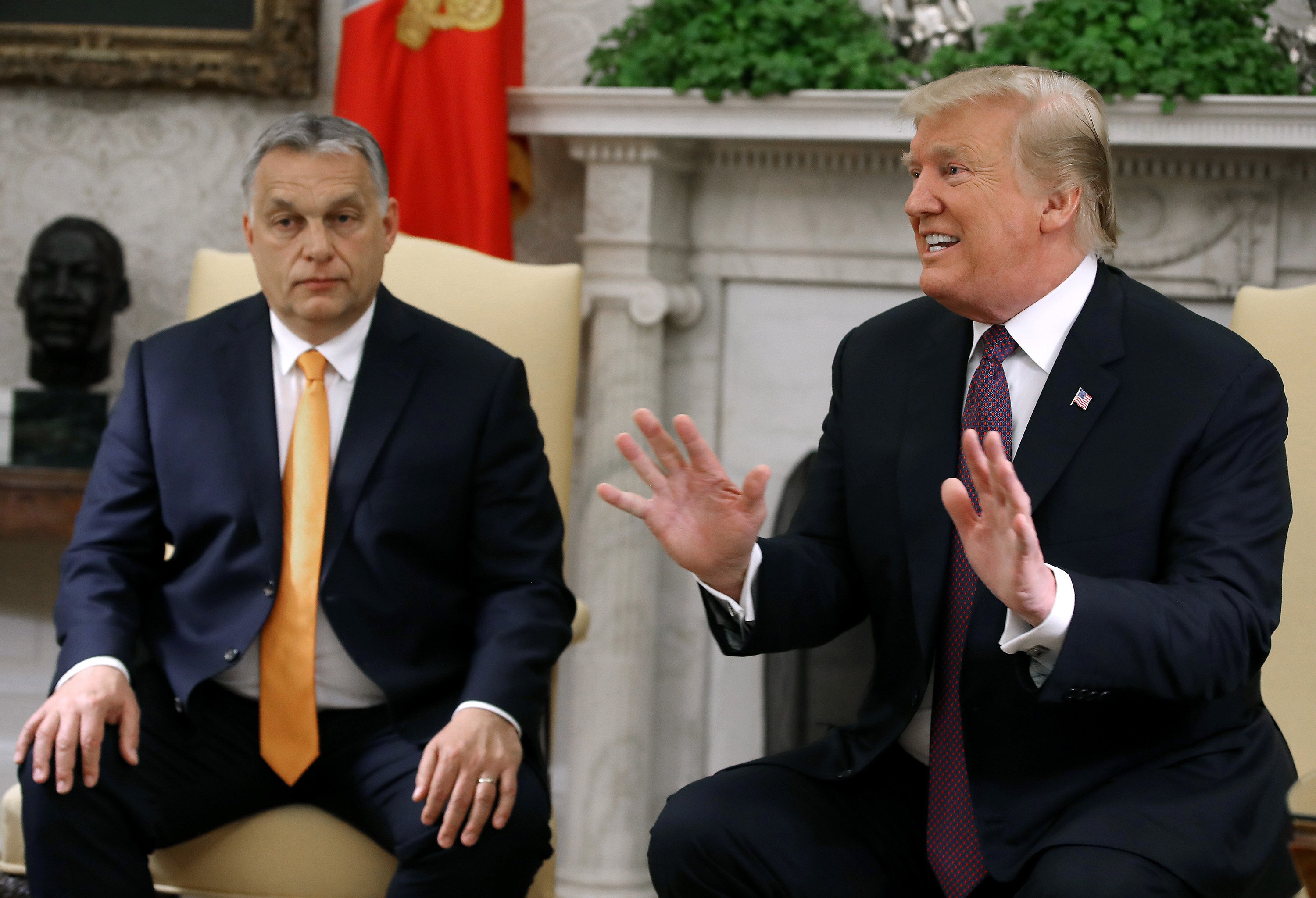 US President Donald Trump (right) speaks to the media during a meeting with Hungarian Prime Minister Viktor Orban in the Oval Office in May 2019. Photo: TNS