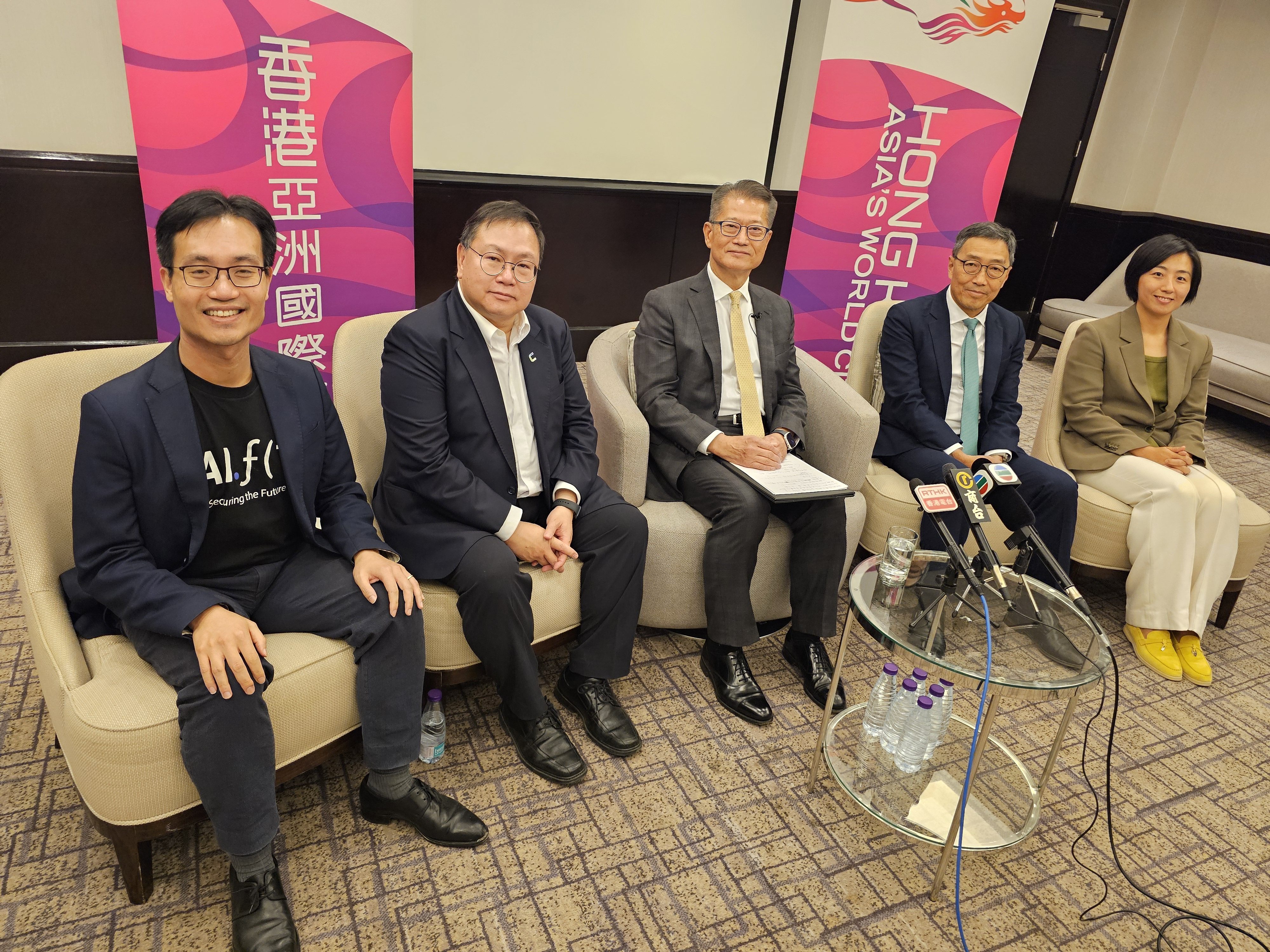 (Left to right):  AIF (T) founder and CEO Alvin Kwock, Cyberport director Charleston Sin, Financial Secretary Paul Chan Mo-po, Hong Kong Science and Technology Park’s CEO Albert Wong Hak-keung and FJDynamics’ chief financial officer Kiki Zhang during a media briefing at the end of the eighth FII conference in Riyadh on October 31, 2024. Photo: Enoch Yiu.