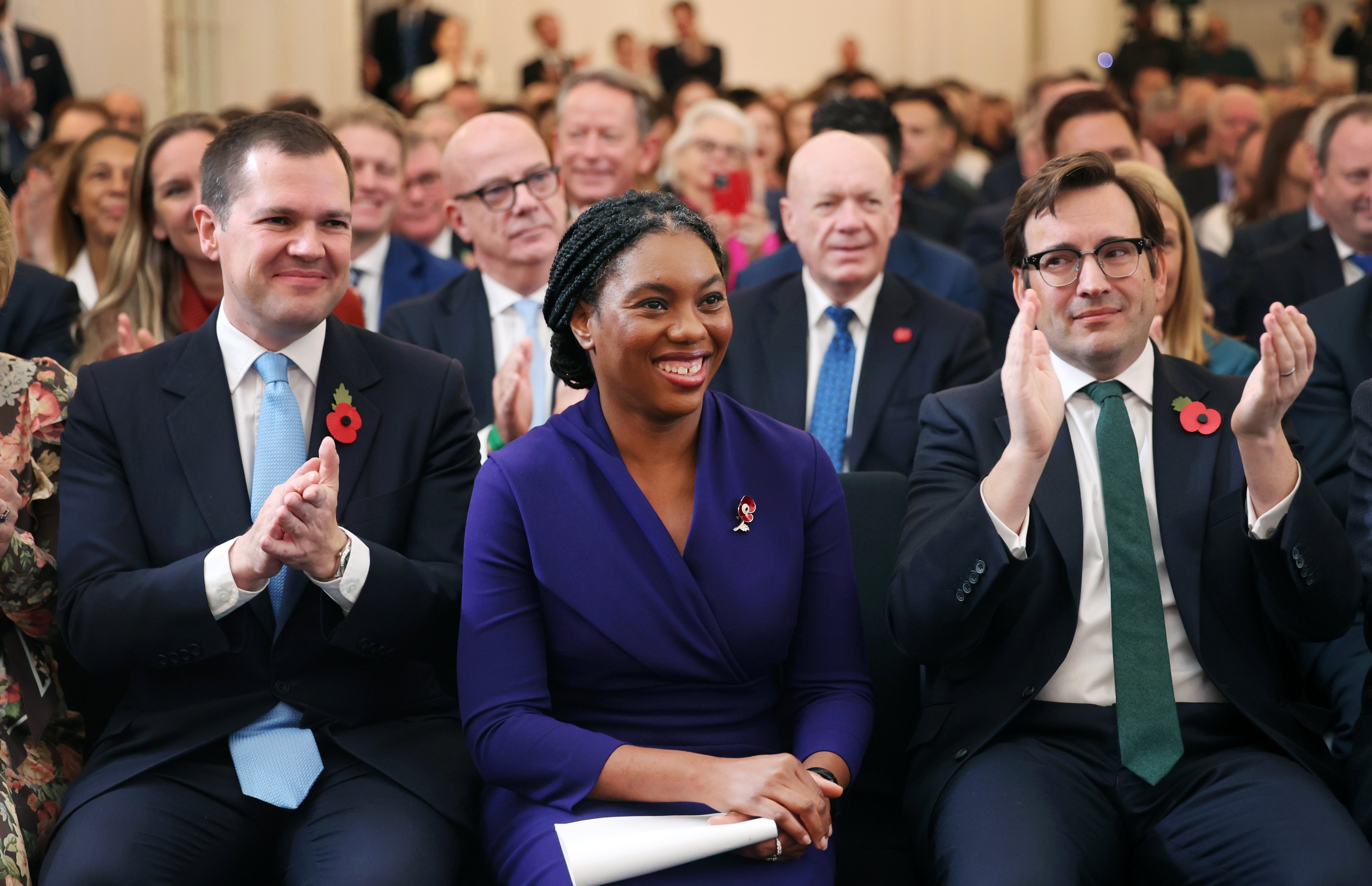 New Conservative Party leader Kemi Badenoch (centre) and her husband Hamish (right) and Conservative Party leader candidate Robert Jenrick (left) following the party’s new leader announcement in London, Britain, on Saturday. Badenoch succeeds Rishi Sunak. Photo: EPA-EFE