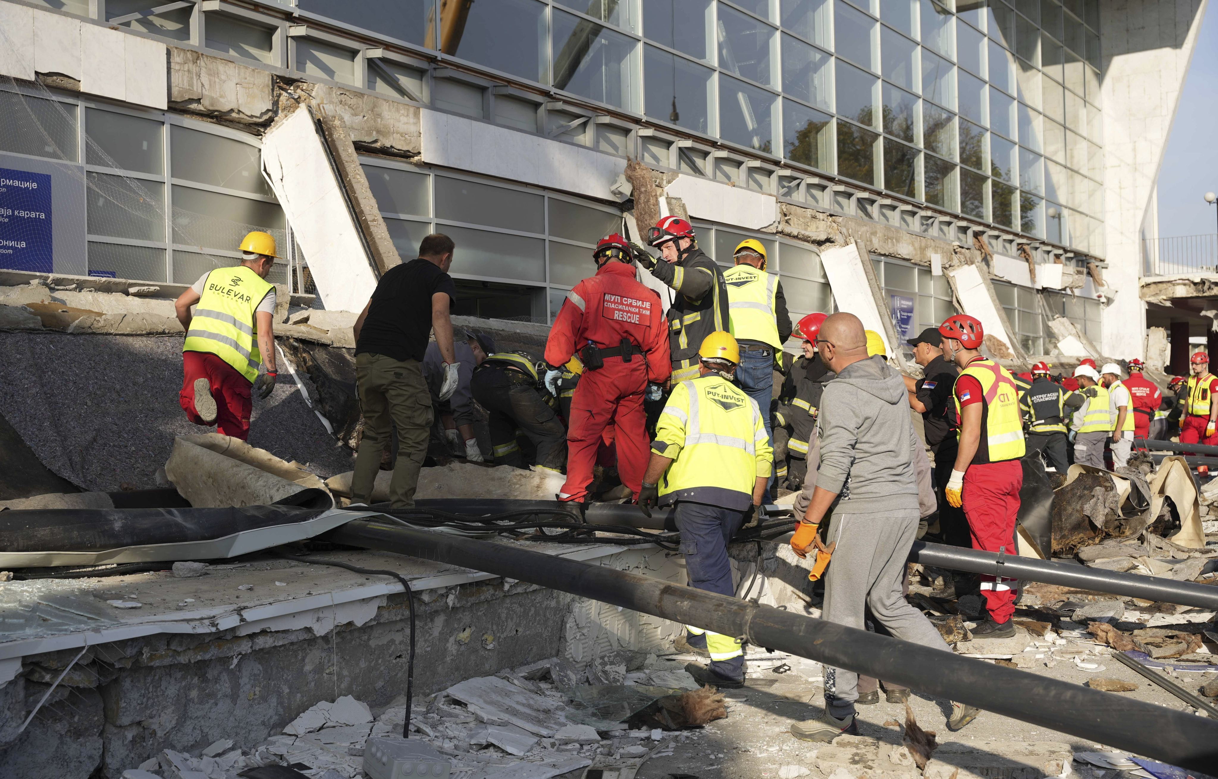 Rescuers work at the scene of a roof collapse at a railway station in Novi Sad, Serbia, on Friday. Photo: Interior Ministry of Serbia via AP