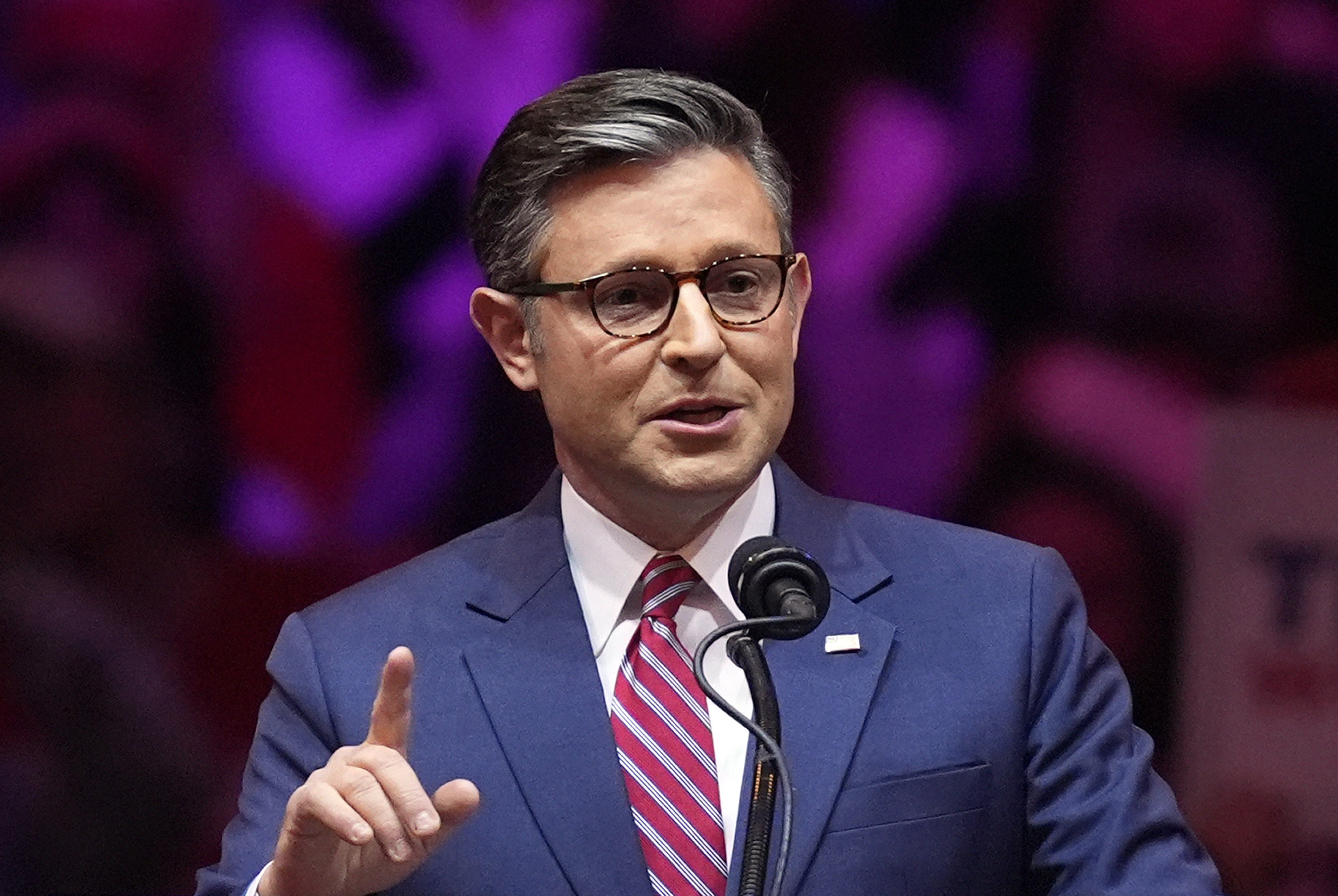 US House Speaker Mike Johnson speaks at a campaign rally in New York in October. Photo: AP