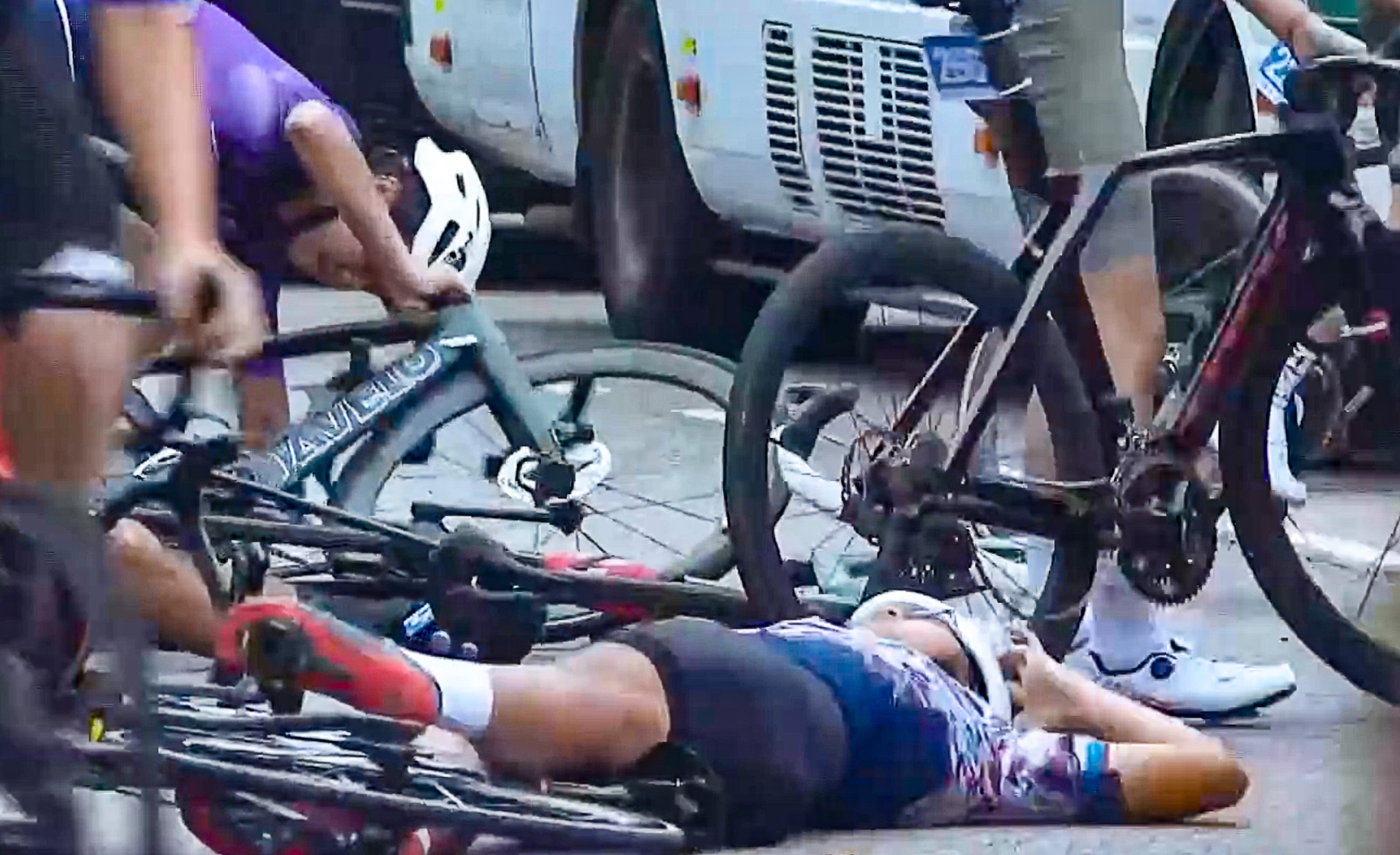 At least 11 cyclists have been injured in accidents at a Hong Kong cycling festival on Sunday, with two sent to hospital. Photo: i-Cable TV News