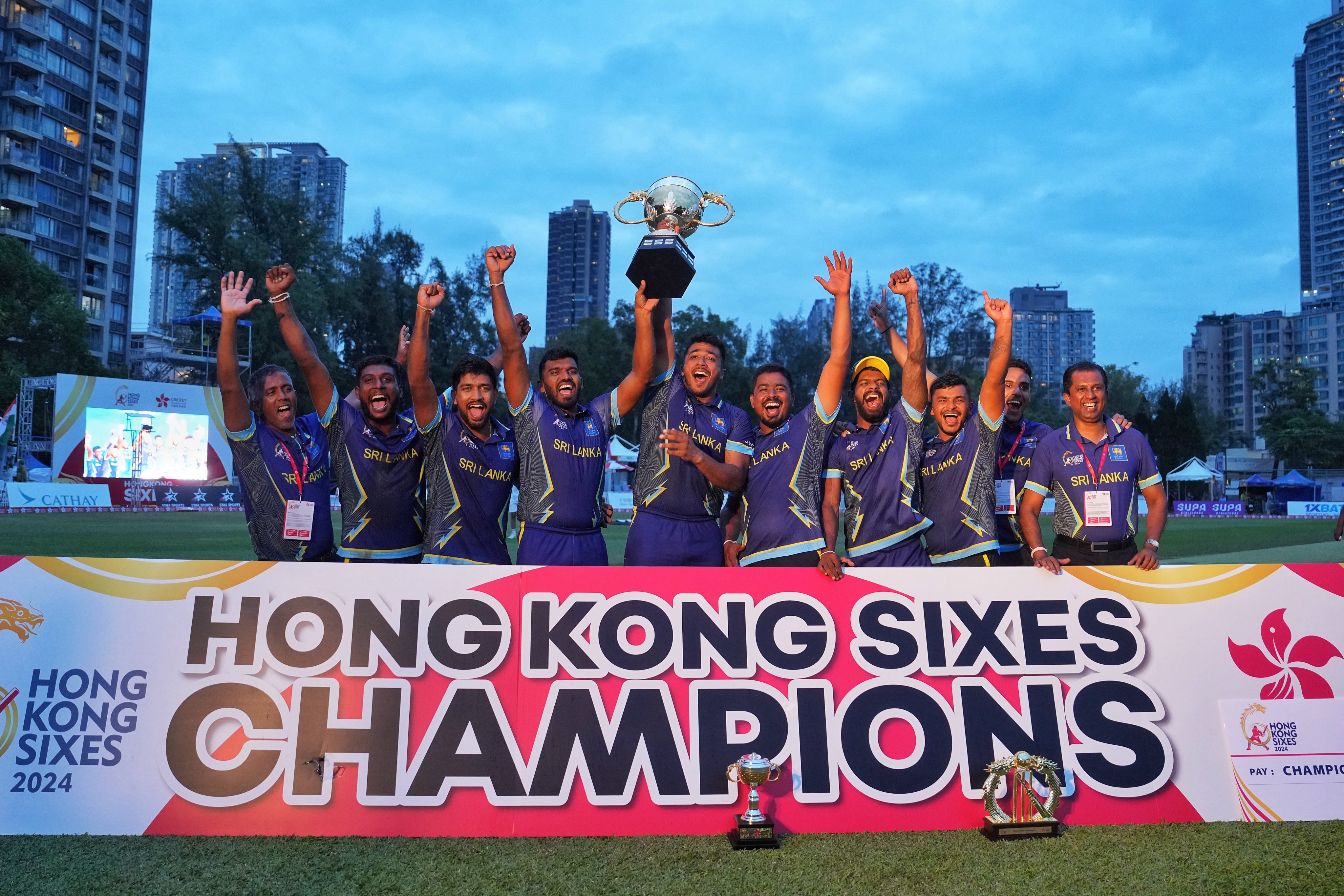 Sri Lanka celebrate their Hong Kong Cricket Sixes triumph. Photo: Elson Li