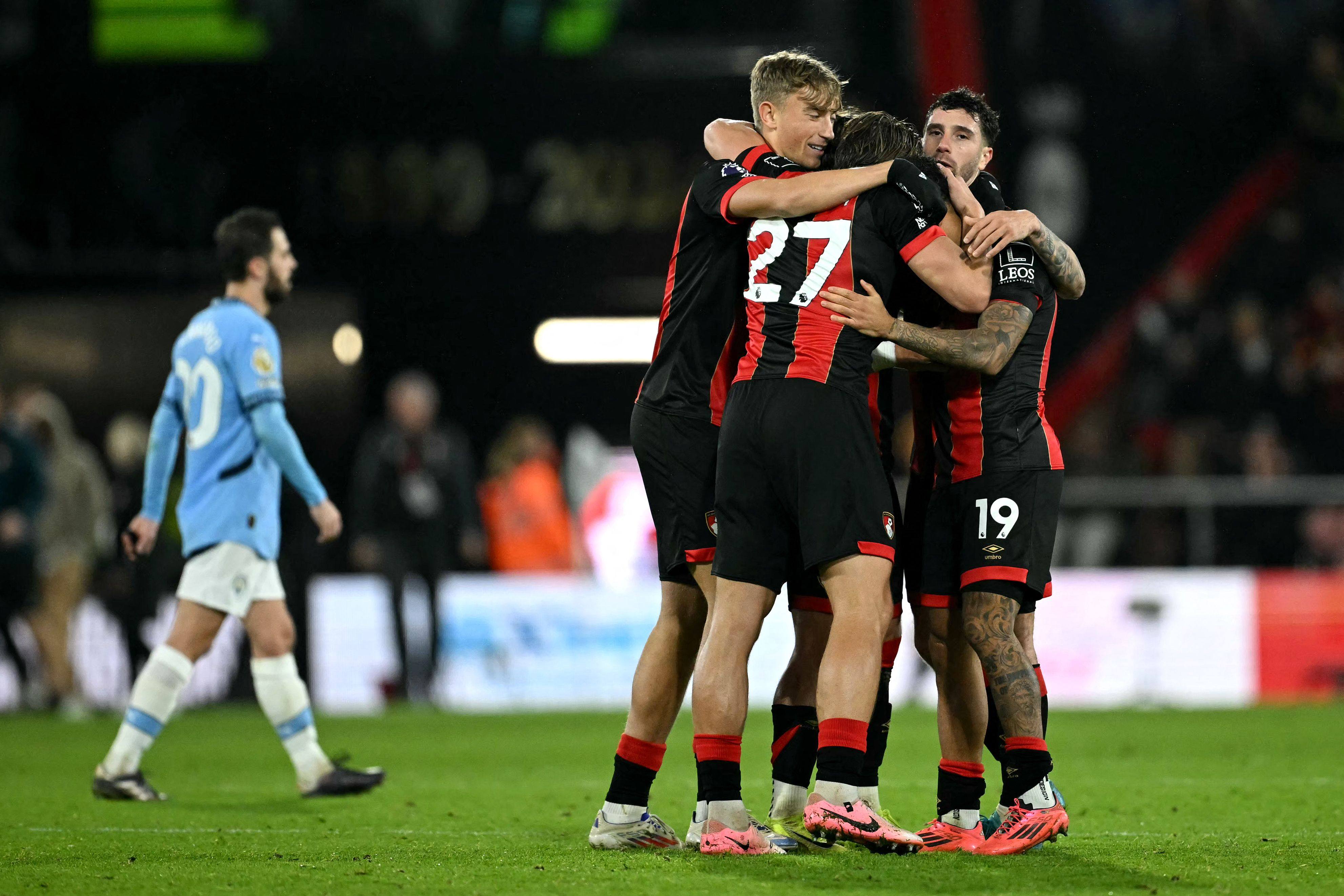 Bournemouth players celebrate after ending their 14-match losing streak against reigning Premier League champions Manchester City. Photo: AFP