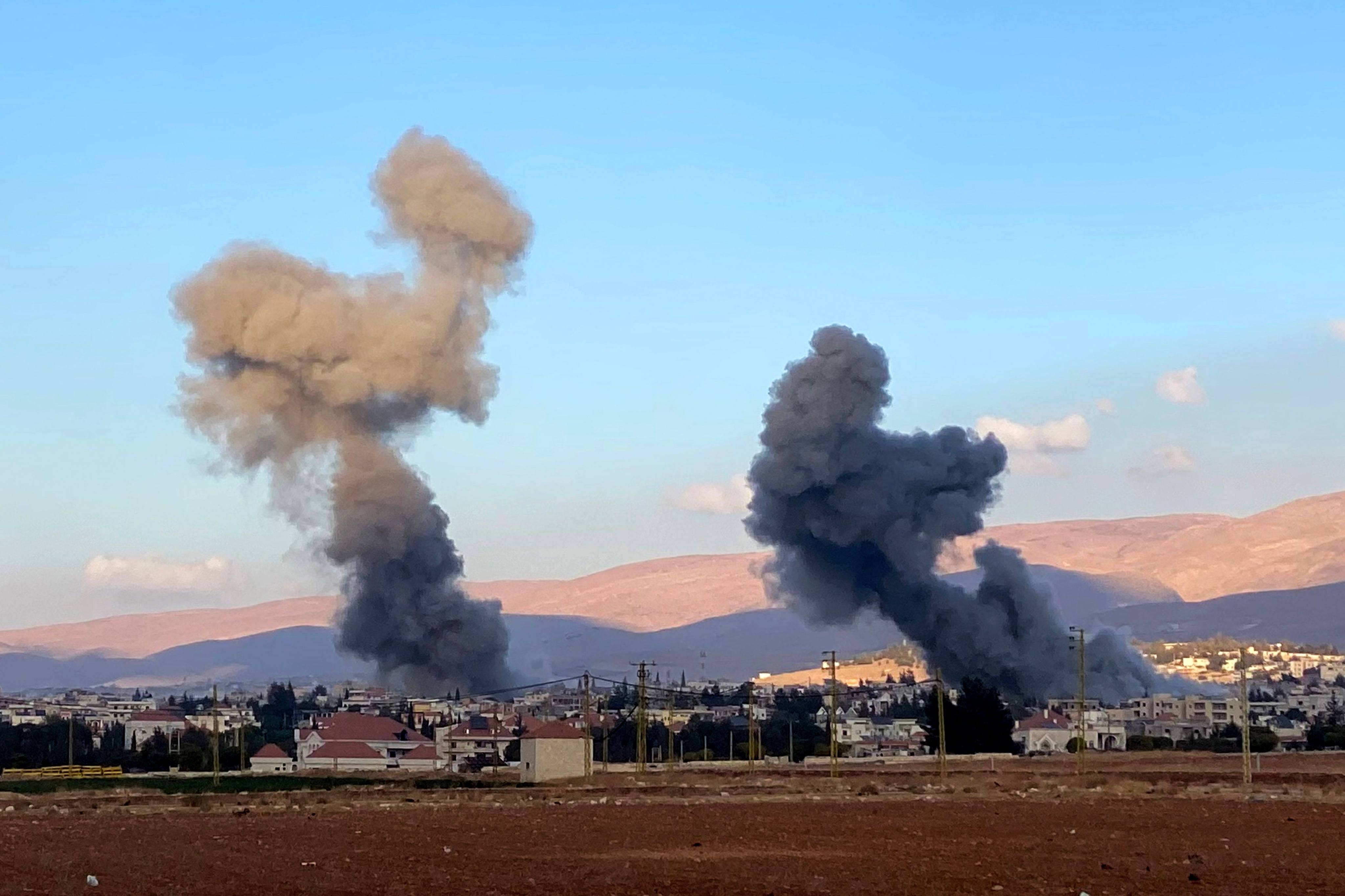 Smoke rises from sites hit by Israeli airstrikes on the outkirts of the eastern city of Baalbek, in the Bekaa Valley, Lebanon, on Thursday. Photo: AFP