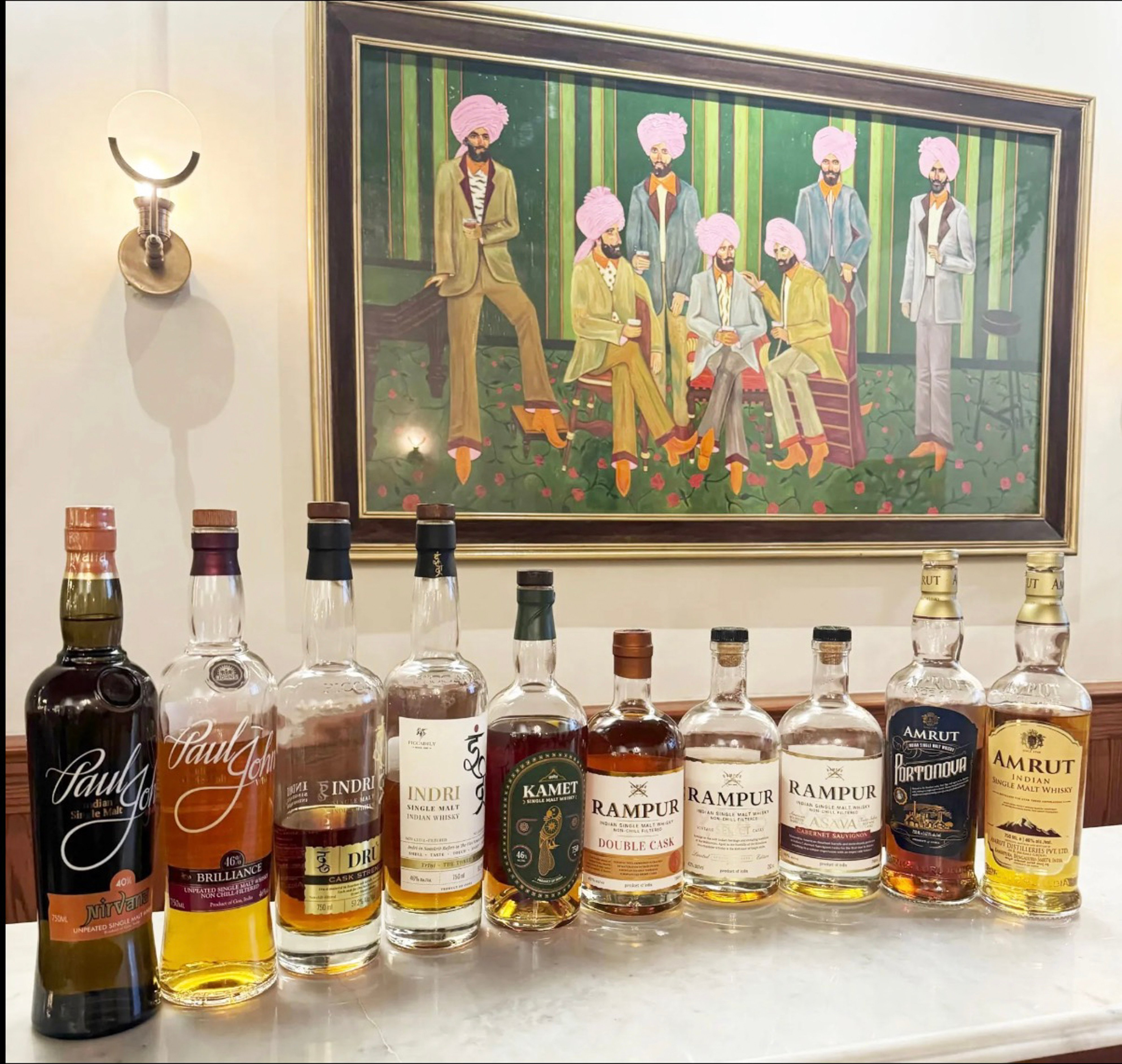 The range of Indian single malt whiskies available at Bungalow in New York includes the brands Paul John, Indri, Kamet, Rampur and Amrut. Indian single malt is still considered new, one expert says, which is part of the appeal for American whisky lovers. Photo: Bungalow