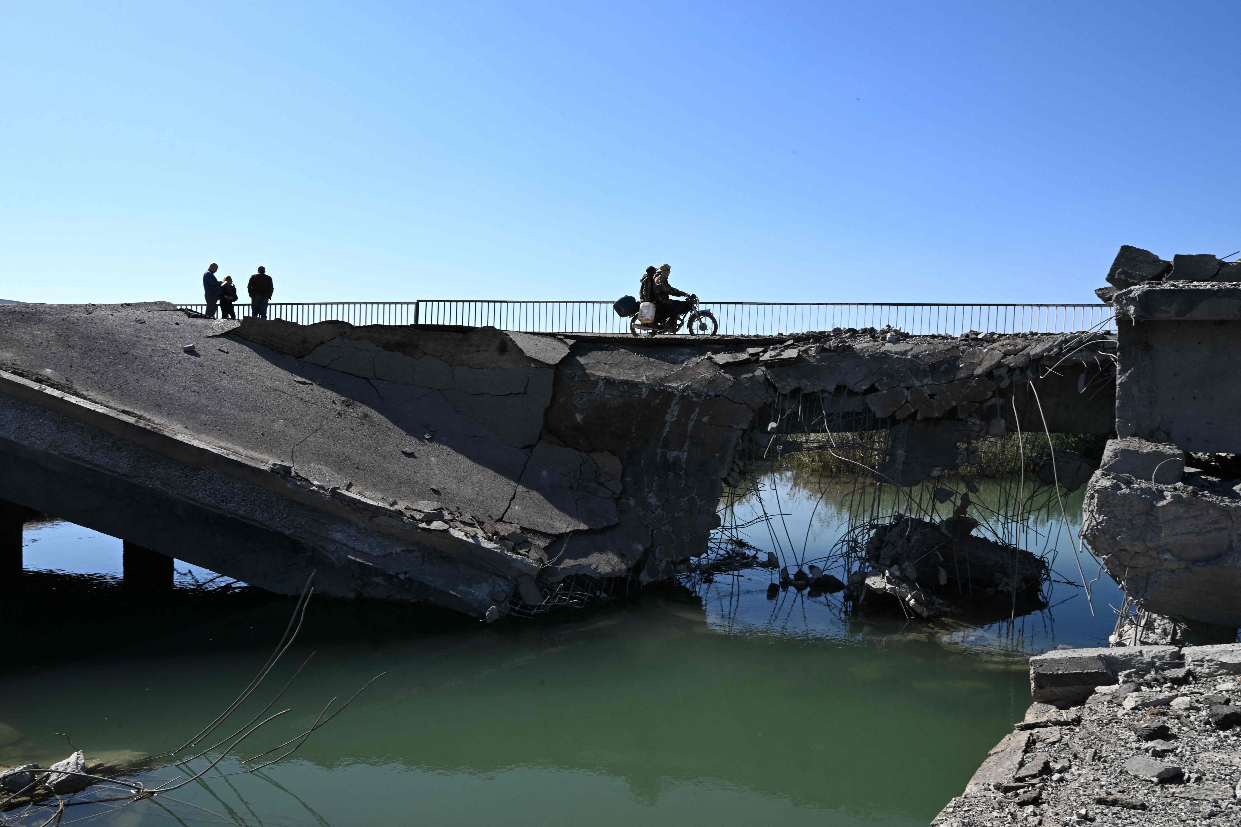 A bridge, damaged in an Israeli strike near the Syrian village of Tall al-Nabi Mando, in the countryside of Qusayr. Photo: AFP