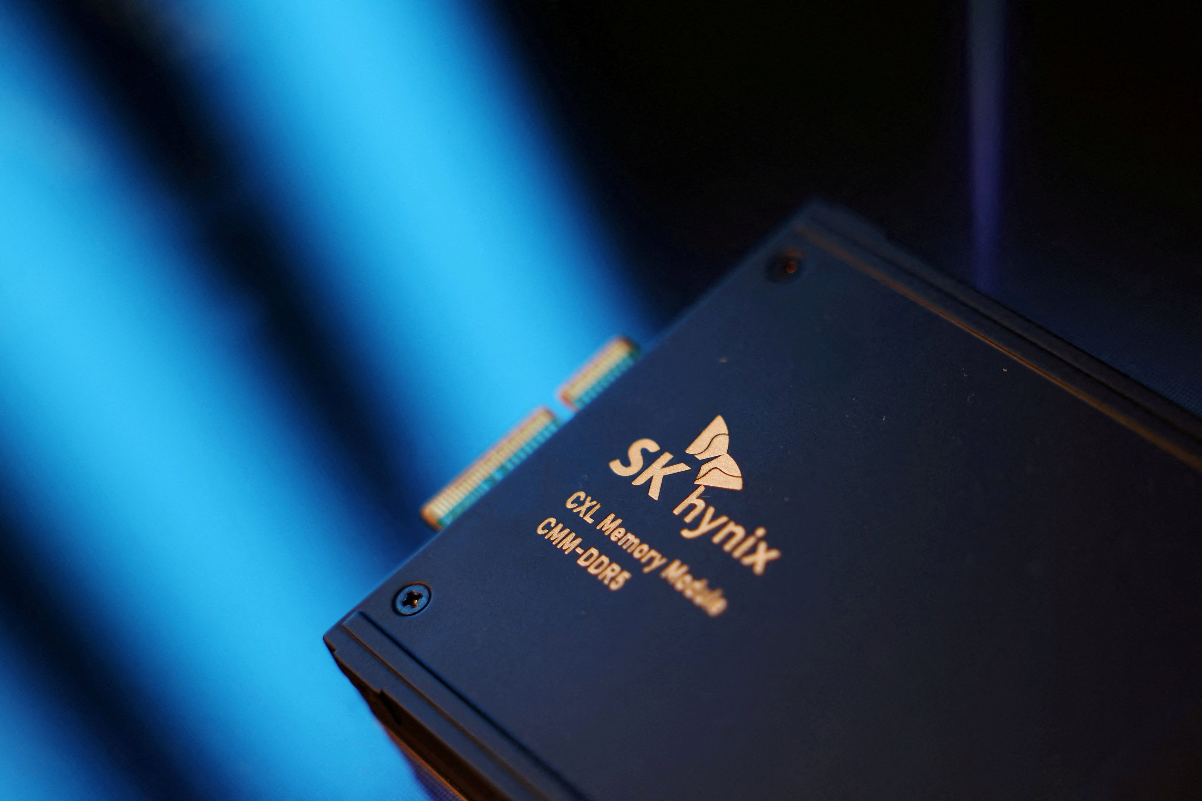 The logo of SK Hynix seen on its product during the 26th Semiconductor Exhibition (SEDEX 2024) in Seoul on October 23. Photo: Reuters