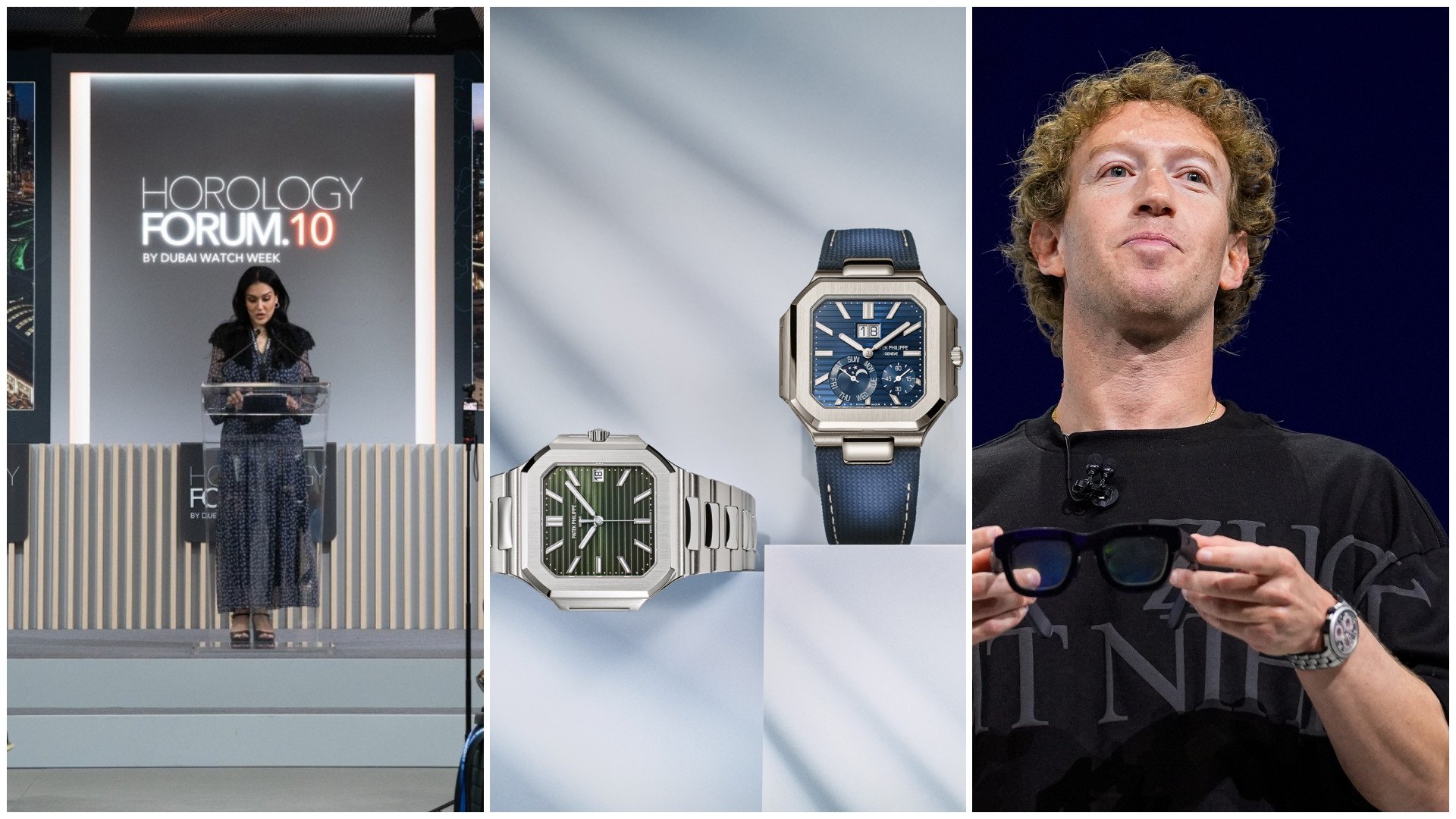 Among the timepiece highlights you might have missed in autumn 2024 are – from left – Dubai Watch Week bringing the Horology Forum to Hong Kong; Patek Philippe releasing its first new collection in 25 years; and Mark Zuckerberg getting collecting with F.P. Journe and De Bethune, among others. Photos: Handout, Patek Philippe, AP