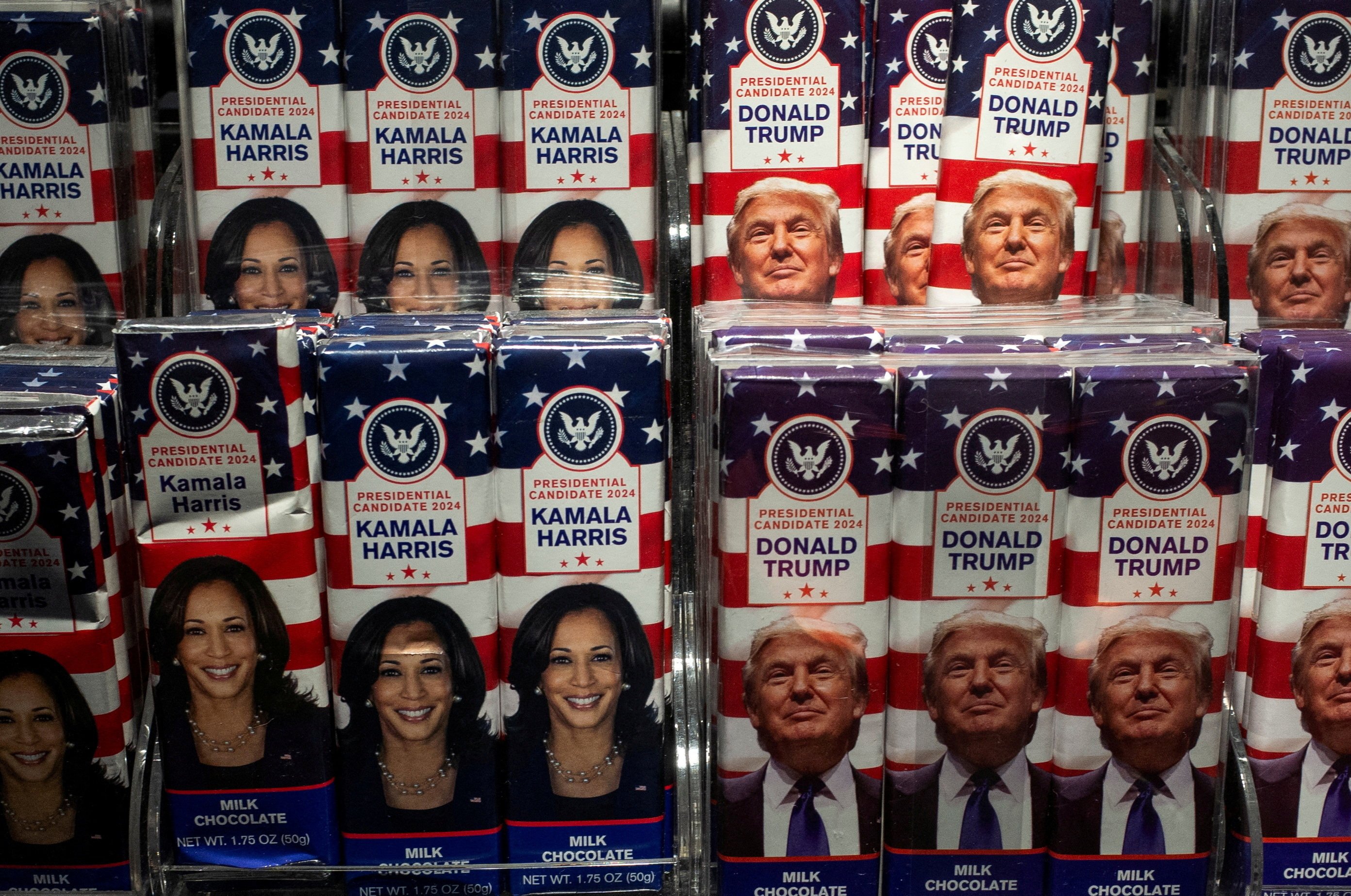 Chocolate bars with the faces of Democratic presidential nominee, US Vice-President Kamala Harris, and Republican presidential nominee and former US President Donald Trump are displayed at a store. Photo: Reuters