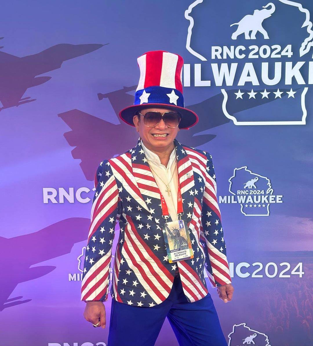 Andre Soriano is obsessed with Donald Trump, attending the Republican National Convention dressed in his own pro-Maga design. Photo: @officialandresoriano/Instagram