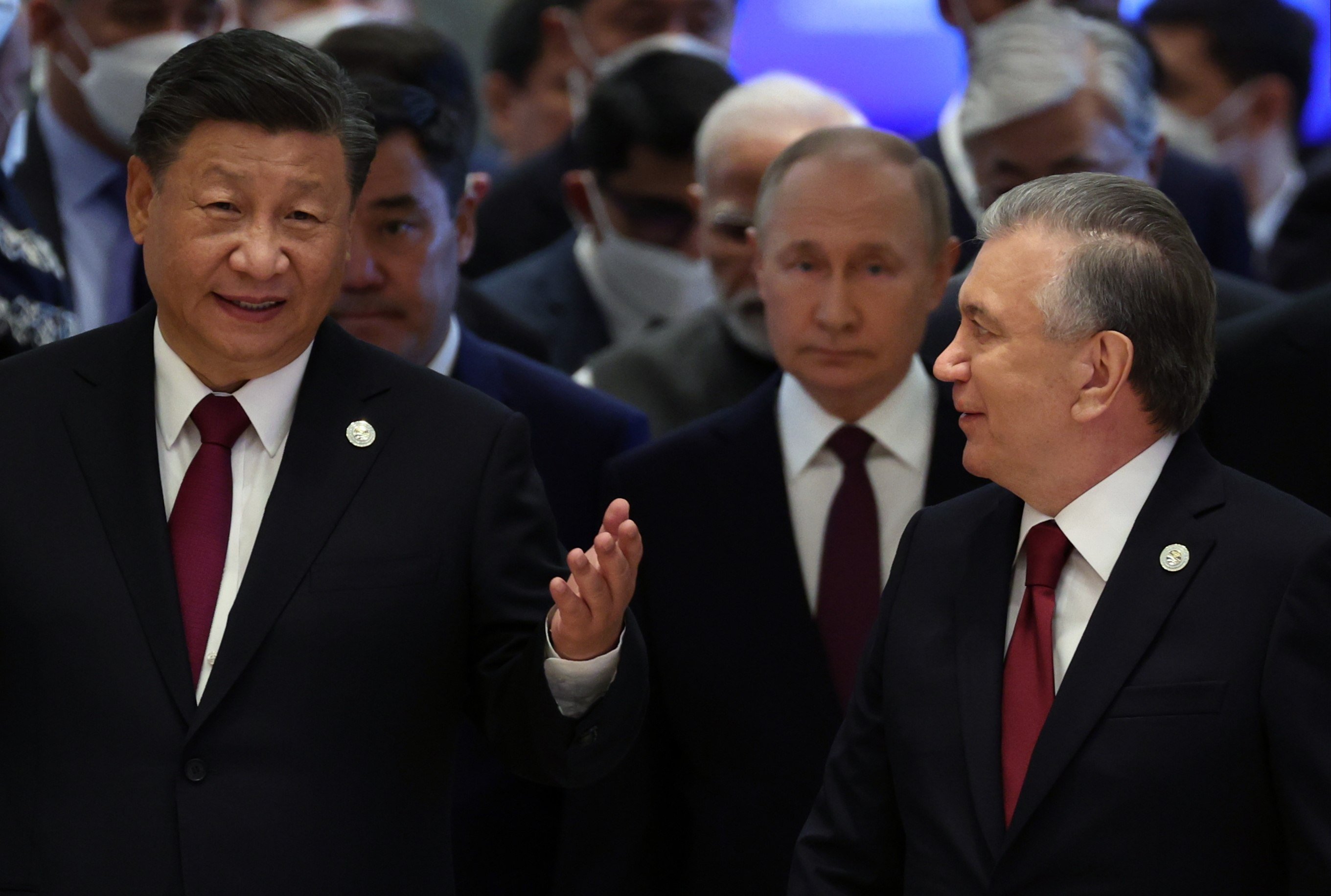 Chinese President Xi Jinping, Russian President Vladimir Putin and Uzbek President Shavkat Mirziyoyev at the Shanghai Cooperation Organisation Heads of State Council summit in Samarkand, Uzbekistan, on September16, 2022. Photo: EPA-EFE