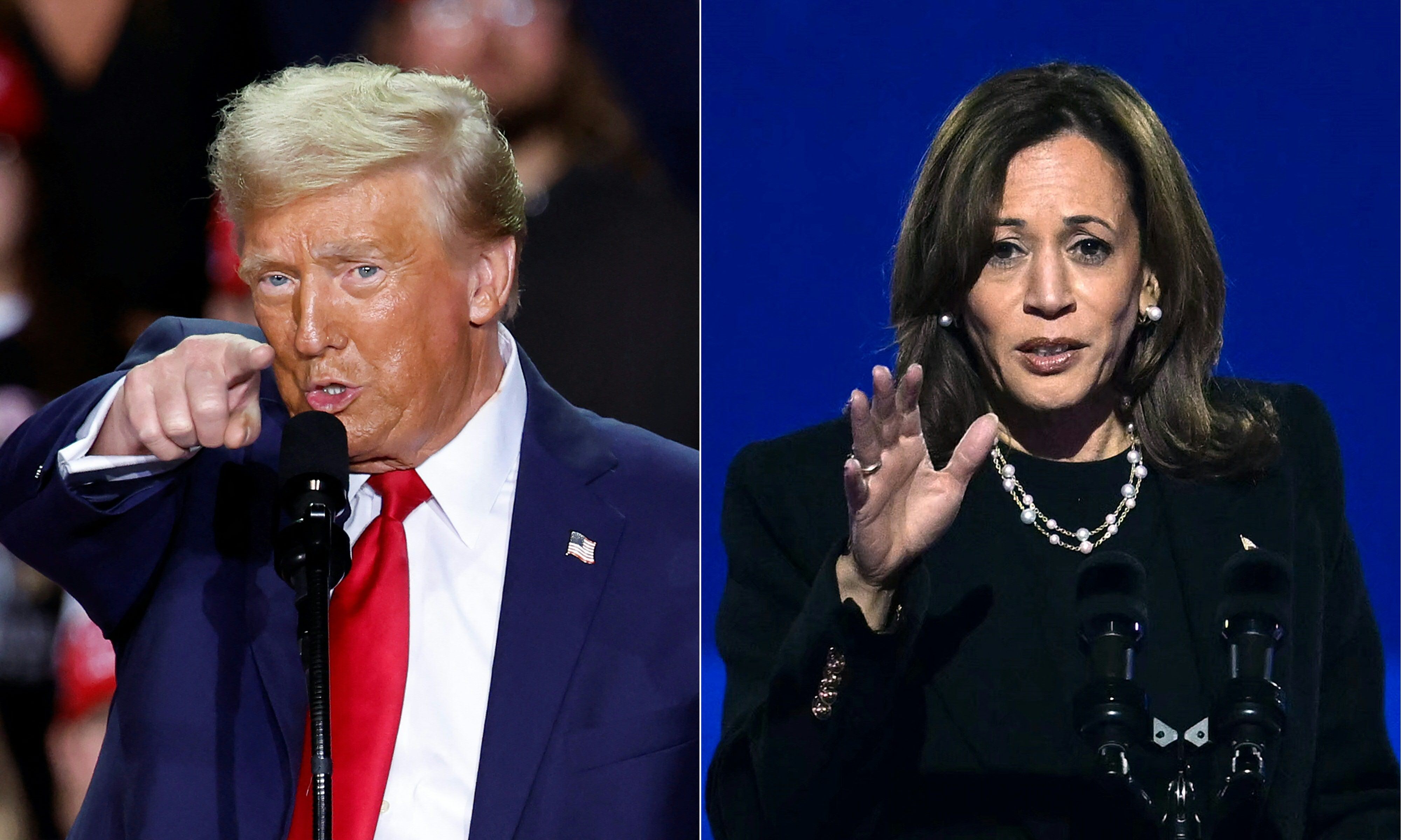 A combination of pictures created on November 4 shows Republican presidential candidate Donald Trump (left) and Democratic presidential candidate Kamala Harris speaking during recent campaign events. Photo: AFP