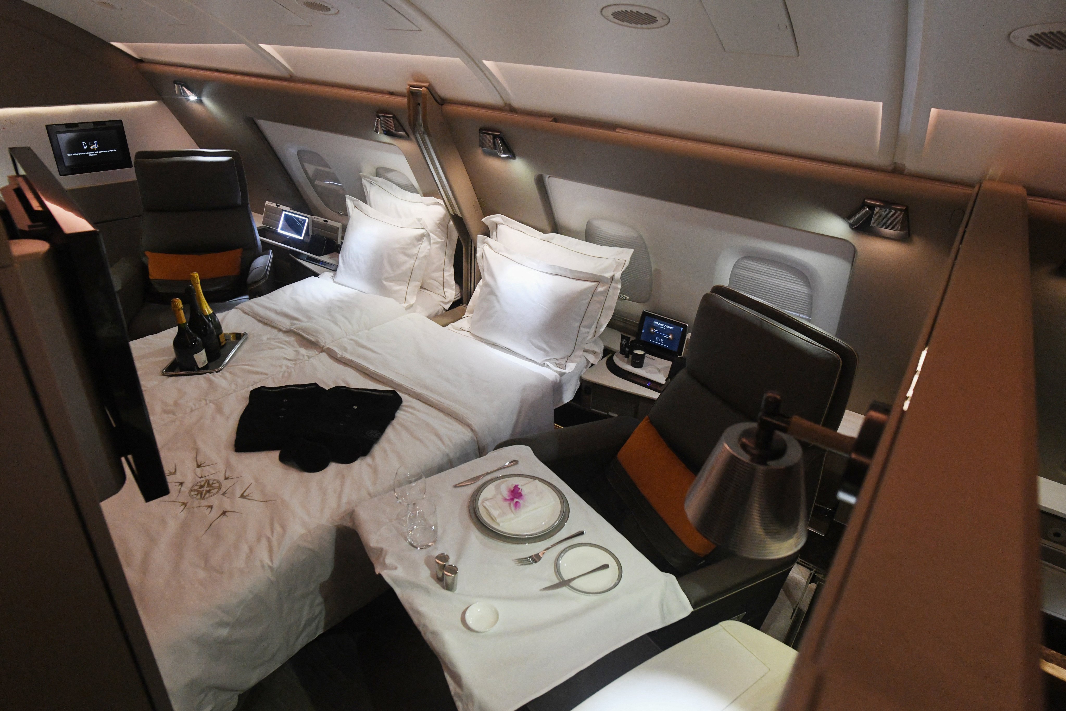 First class seating is seen on board a Singapore Airlines Airbus A380 in 2020. Photo: AFP