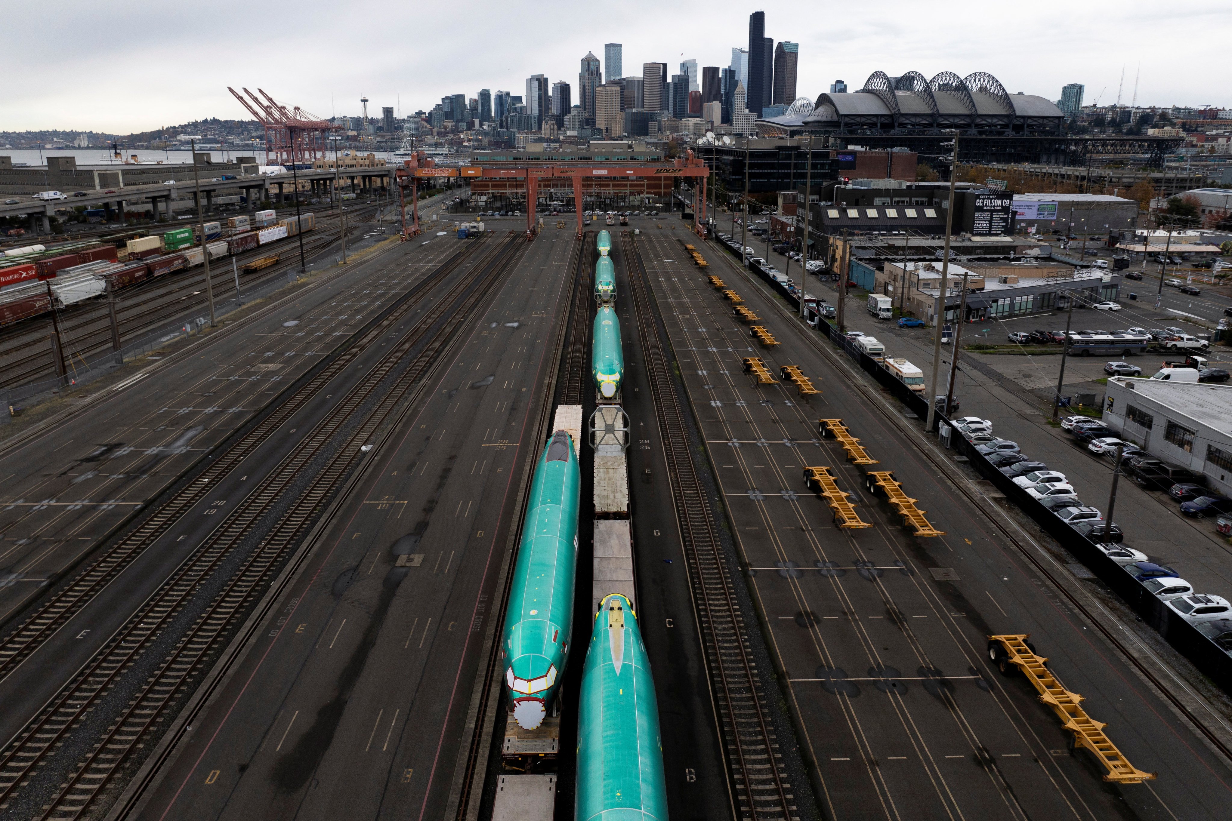 Boeing 737 Max fuselages sit on railcars during the strike by the company’s factory workers in Seattle, Washington. Photo: Reuters