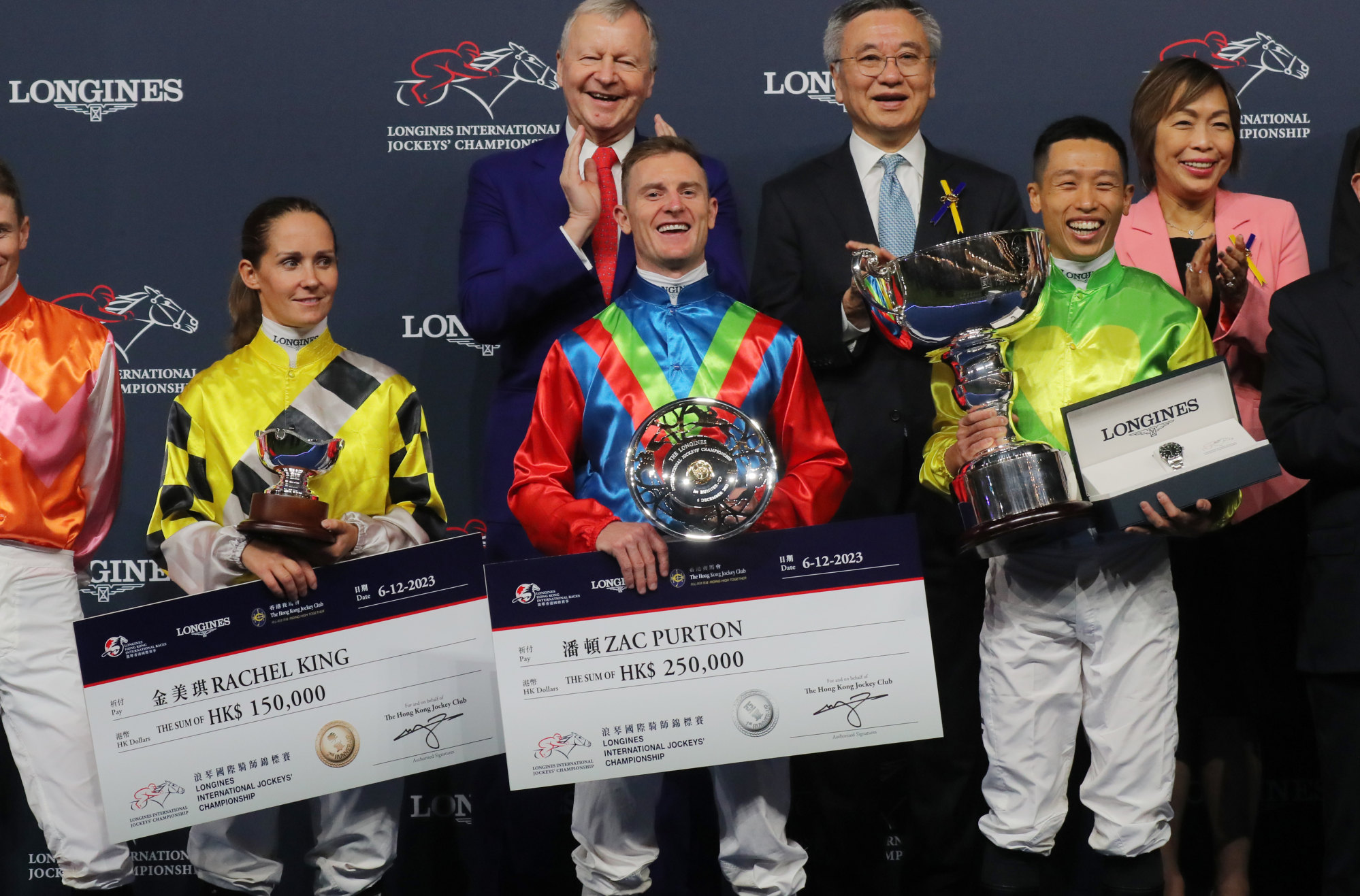 Vincent Ho (right) wins the Longines International Jockey’s Championship alongside Zac Purton and Rachel King.