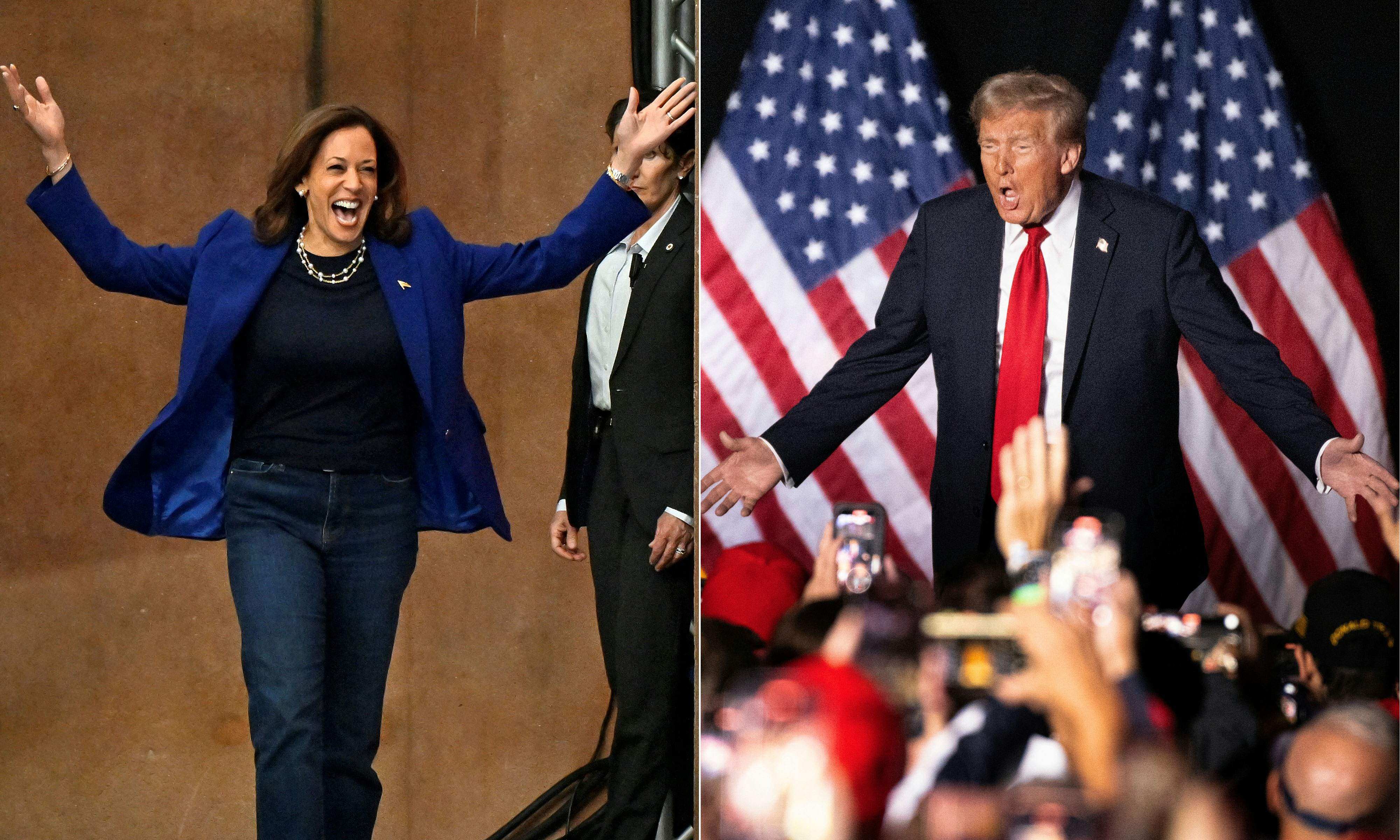 US Democratic presidential candidate Kamala Harris at a rally in Las Vegas on October 31 and Republican presidential candidate Donald Trump at a rally in Michigan on November 1. Photo: AFP