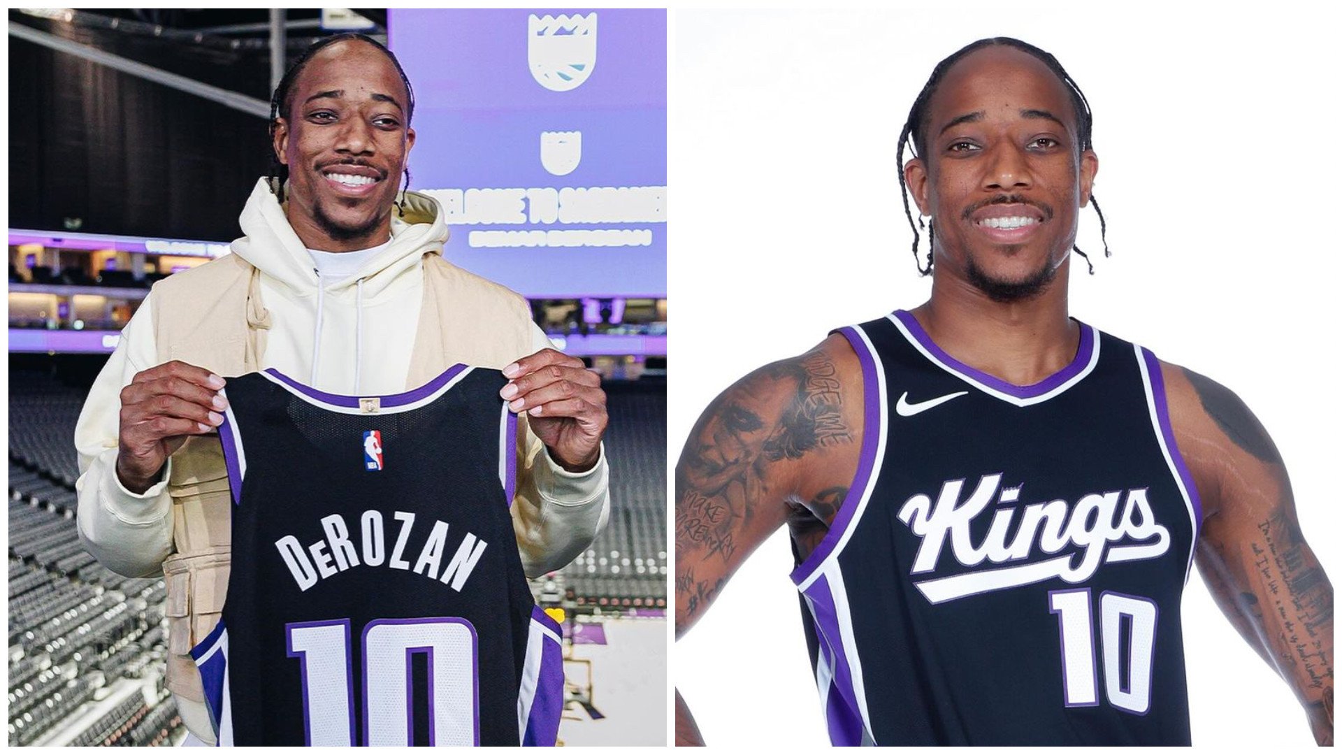 DeMar DeRozan wearing his Sacramento Kings jersey. Photos: @sacramentokings, @kingsteamstore/Instagram 