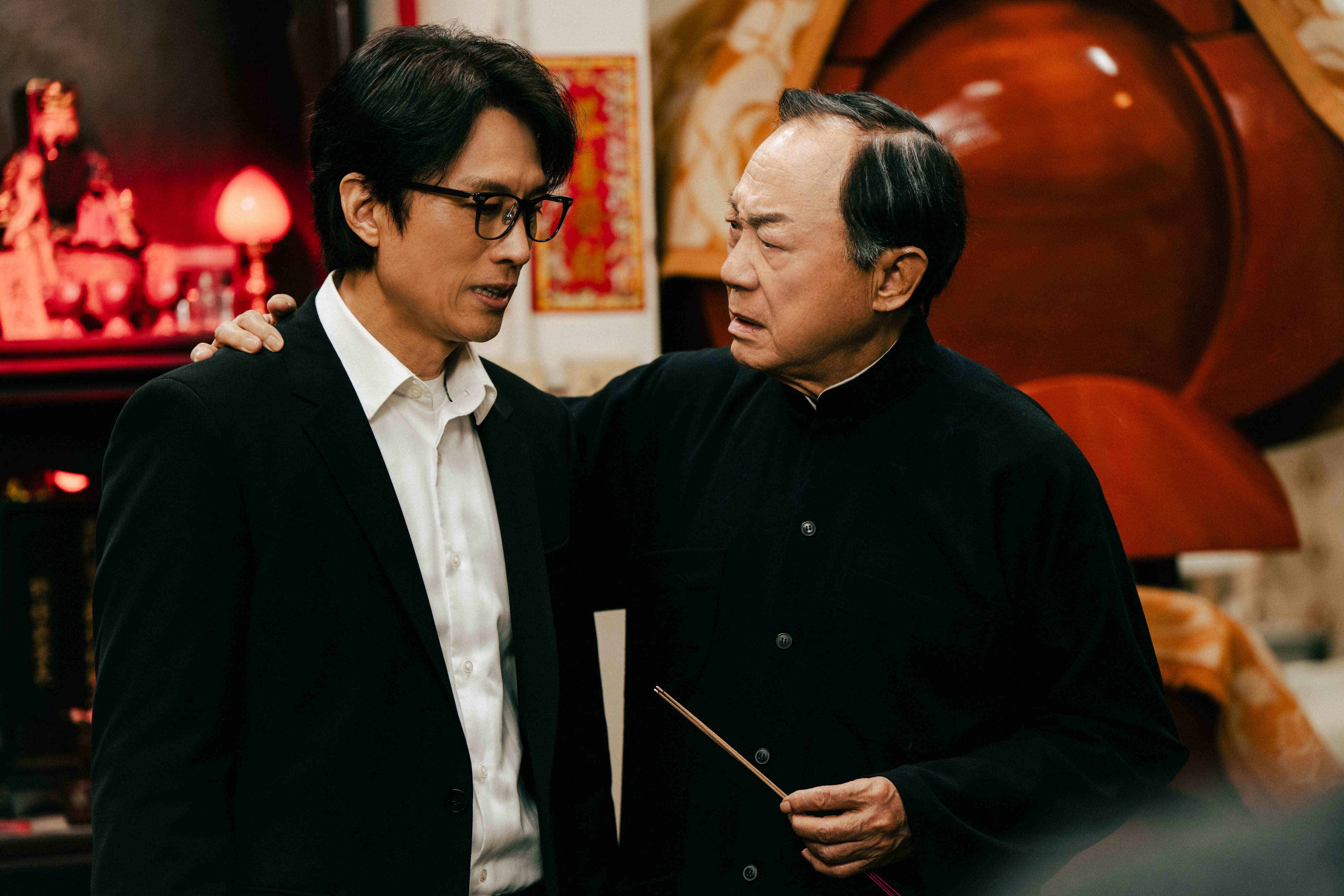 Dayo Wong (left) and Michael Hui in a still from The Last Dance (category IIB; Cantonese), directed by Anselm Chan. Michelle Wai co-stars. Photo: Emperor Motion Pictures