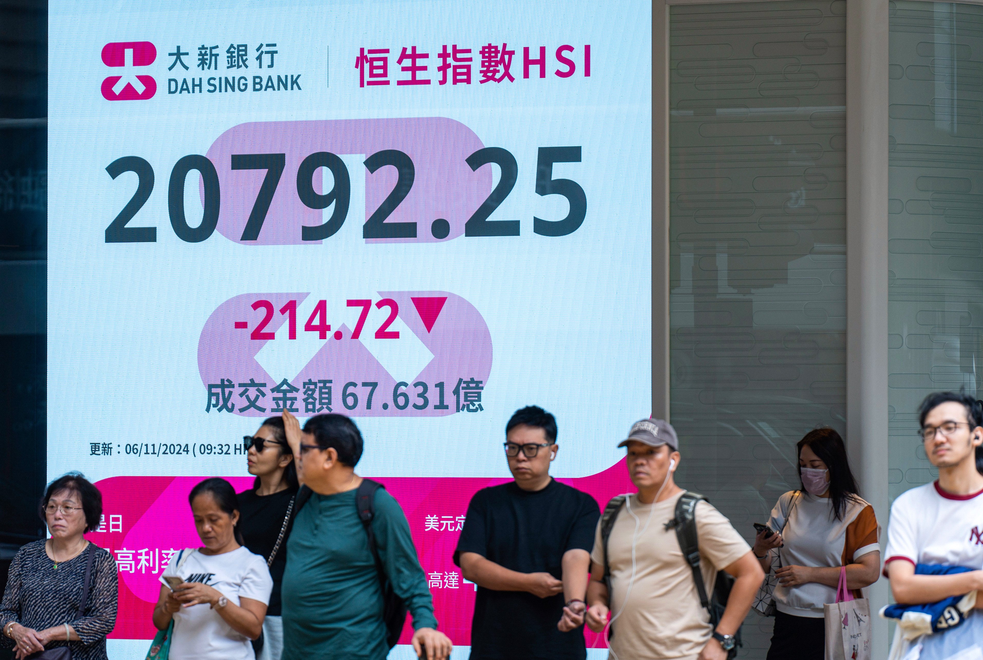 Pedestrians walk past an electronic screen displaying the Hang Seng Index on the US presidential election day in Central. Photo: AP