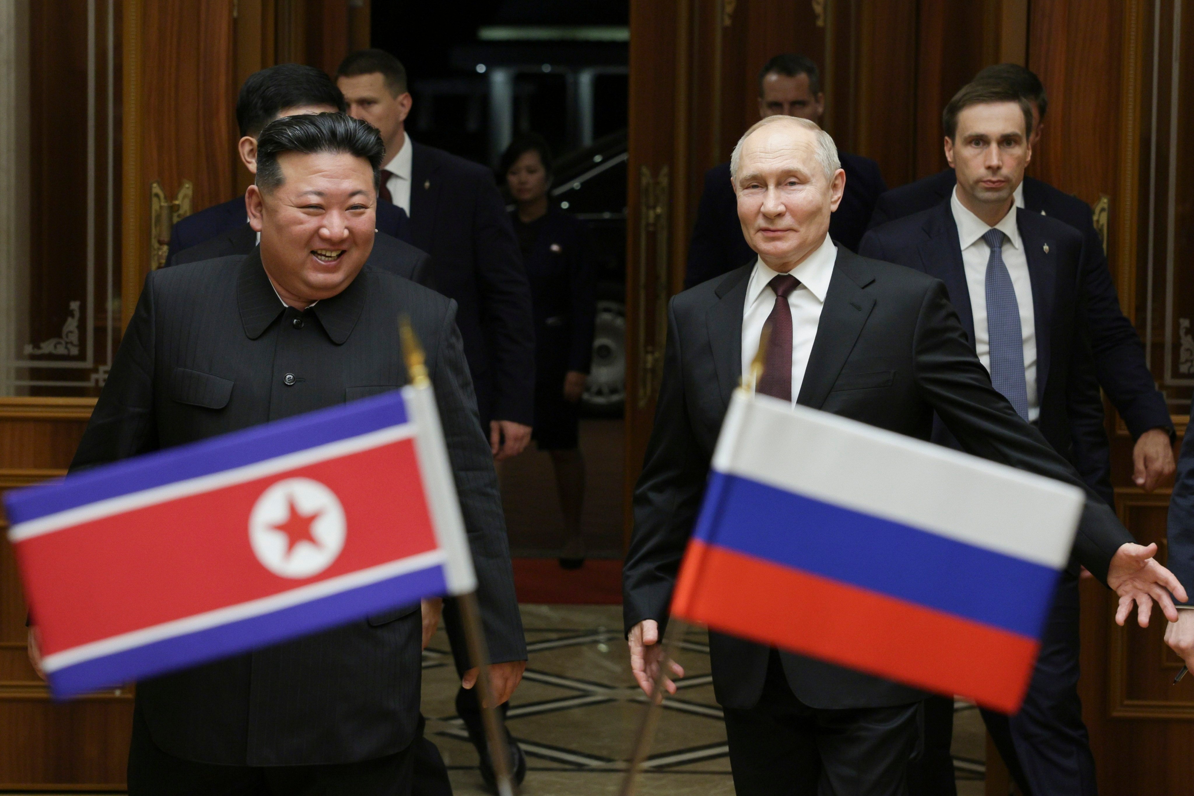 North Korean leader Kim Jong-un and Russian President Vladimir Putin at the Pyongyang Sunan International Airport in North Korea on June 19. Photo: Kremlin pool photo via AP