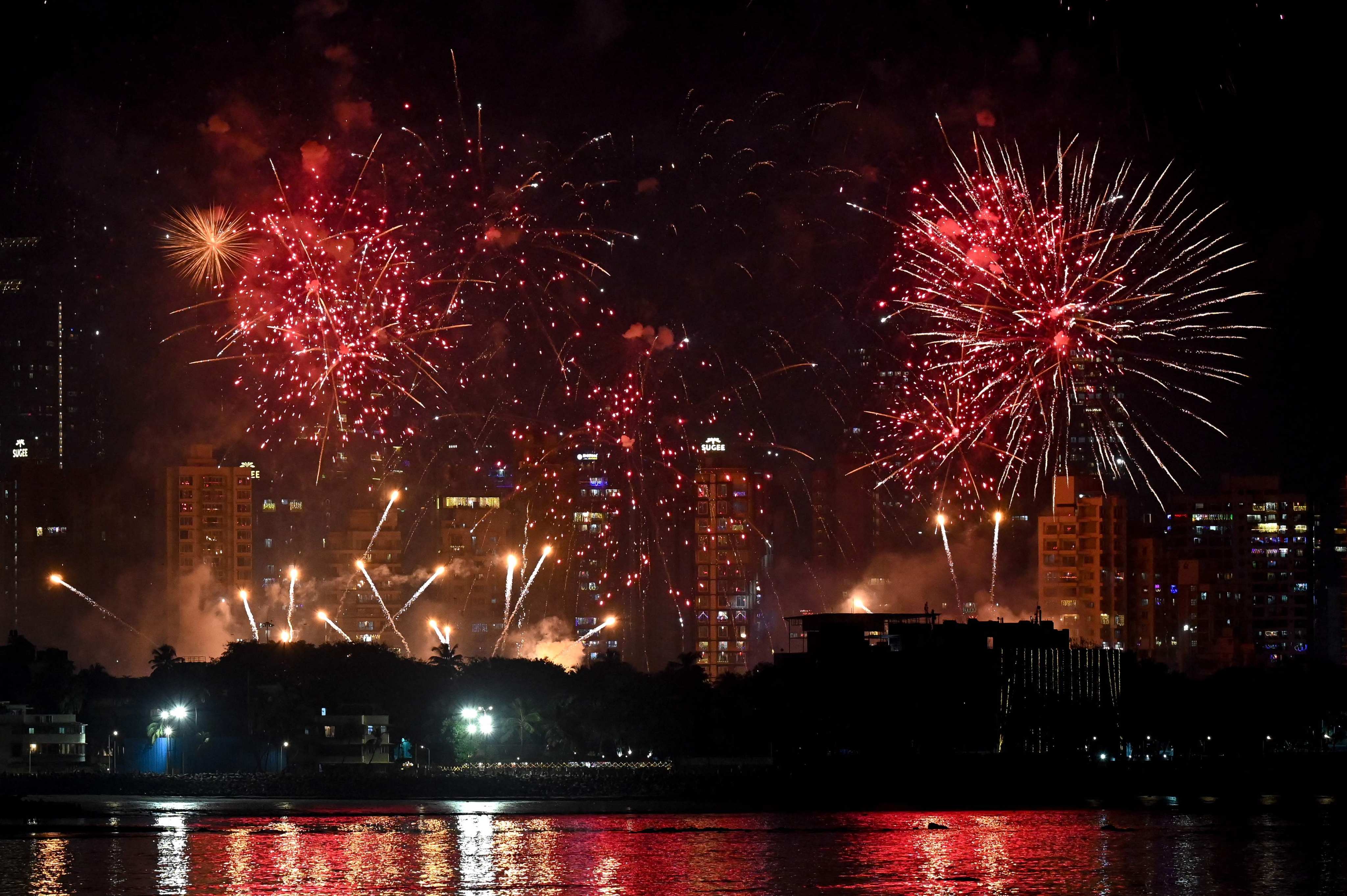 A fireworks display is seen over the city skyline as part of the ‘Diwali’ festival celebrations in Mumbai on November 3. Photo: AFP