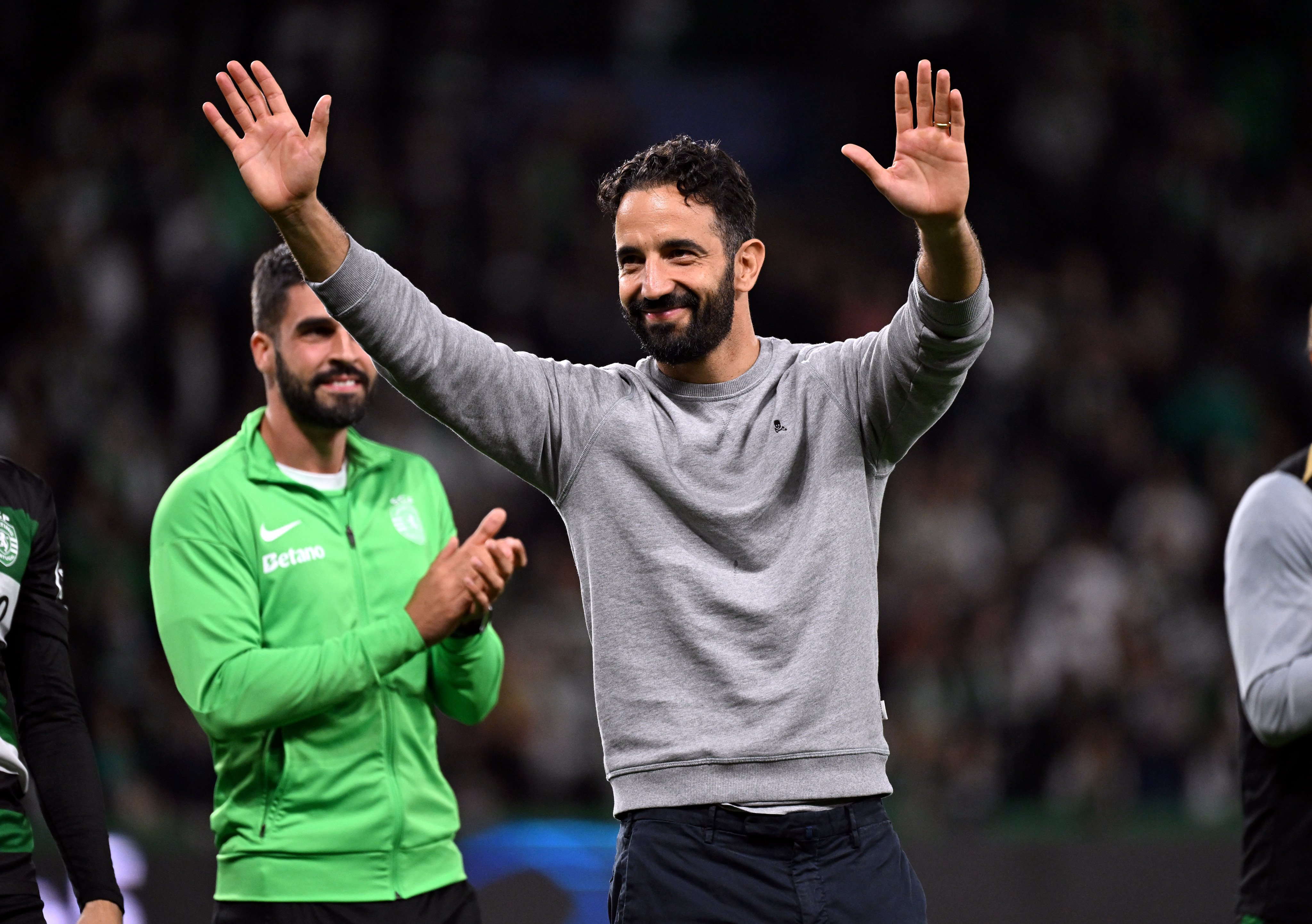 Sporting Lisbon manager Ruben Amorim waves to the crowd after the 4-1 win over Manchester City in his final home game with the club. Photo: dpa