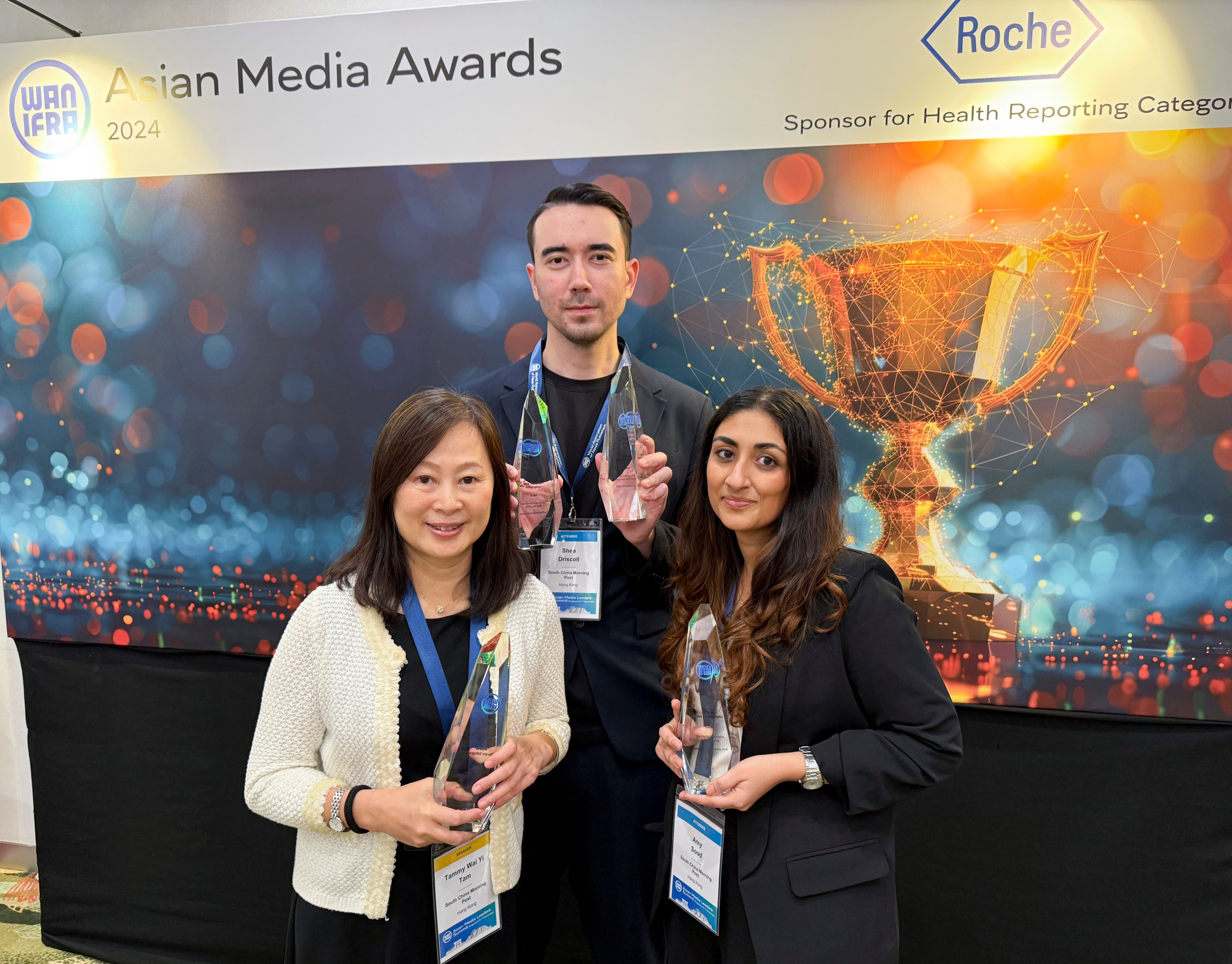 Editor-in-chief Tammy Tam, digital editor Shea Driscoll and Asia reporter Amy Sood represent the Post at the awards. Photo: Handout