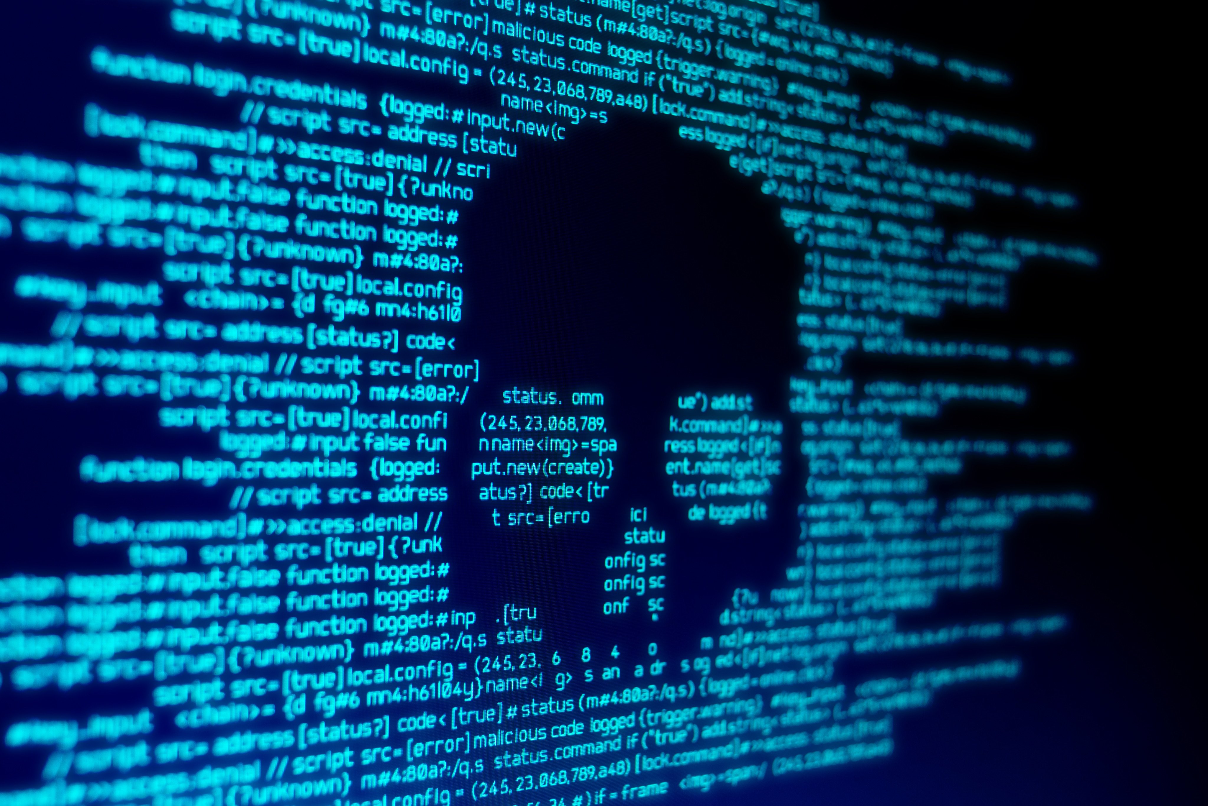 Computer code on a screen with a skull representing a cyberattack. Photo: Shutterstock