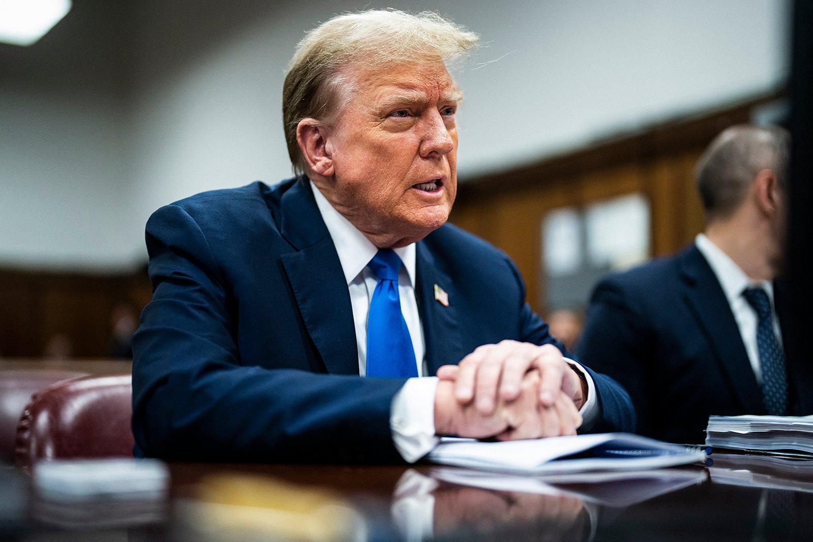 Former US President Donald Trump attends his trial for allegedly covering up hush money payments linked to extramarital affairs, at Manhattan Criminal Court in New York City on April 18, 2024. Photo:Pool/TNS