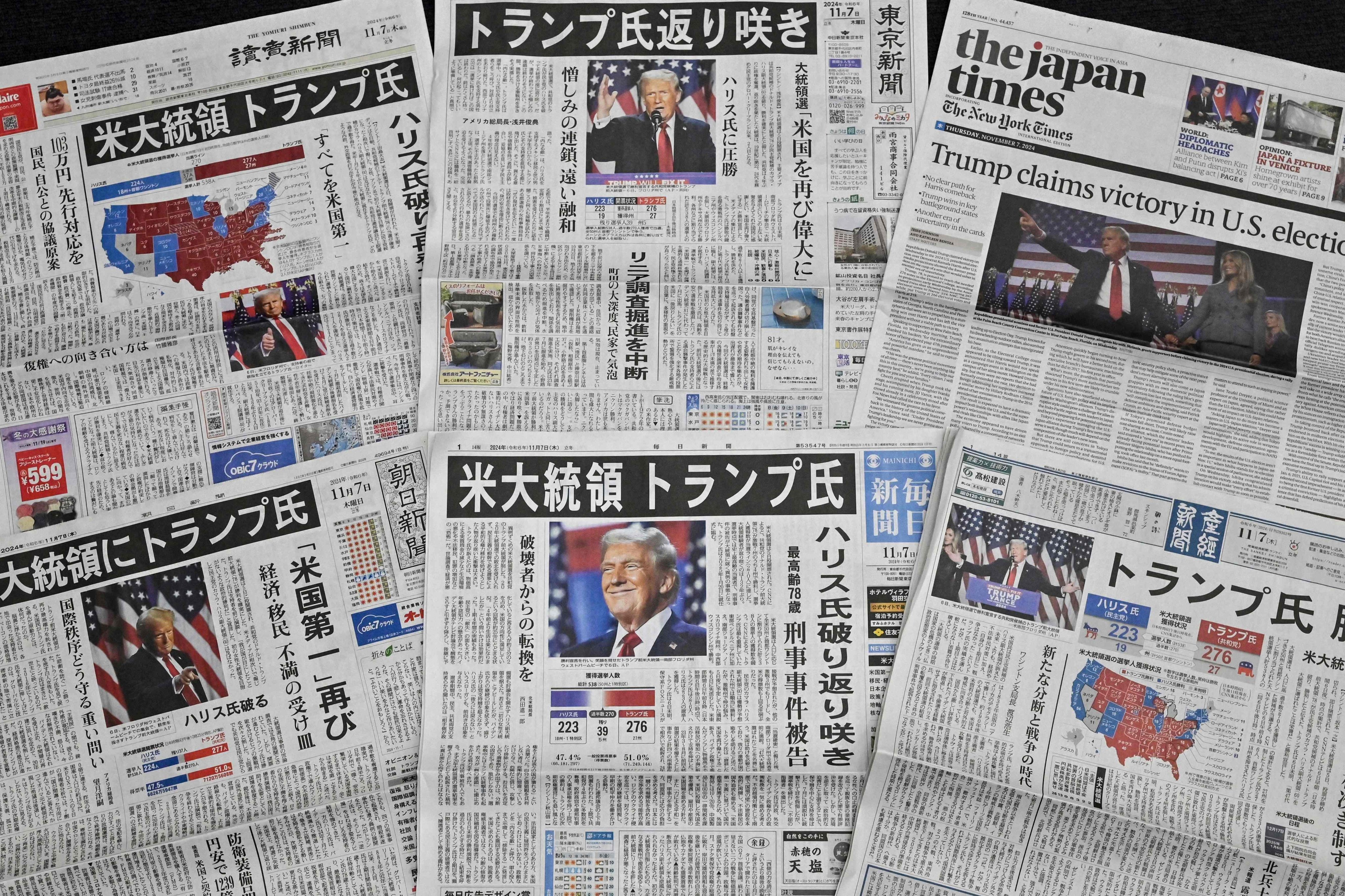 A selection of newspaper front pages in Tokyo on November 7, with images of US president-elect Donald Trump the day after his election victory. Photo: AFP