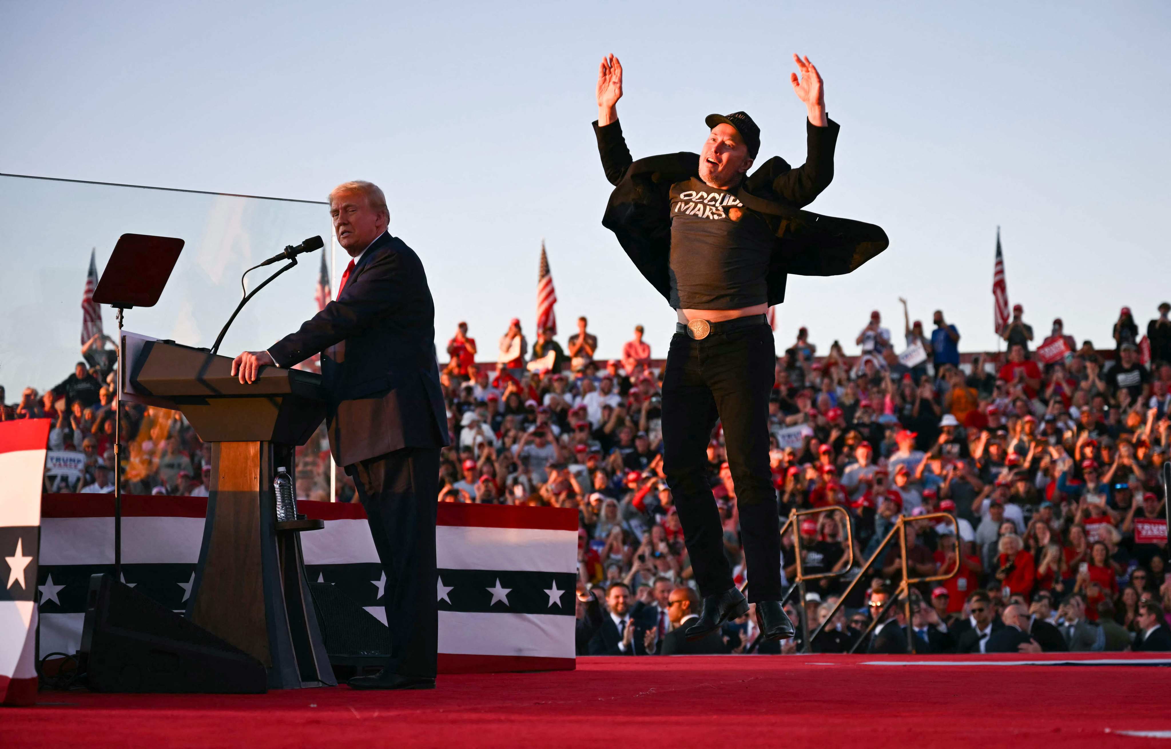 US president-elect Donald Trump on stage with Tesla CEO Elon Musk during a campaign rally in Pennsylvania last month. Musk’s business ties to China have been a focus for Beijing recently. Photo: AFP