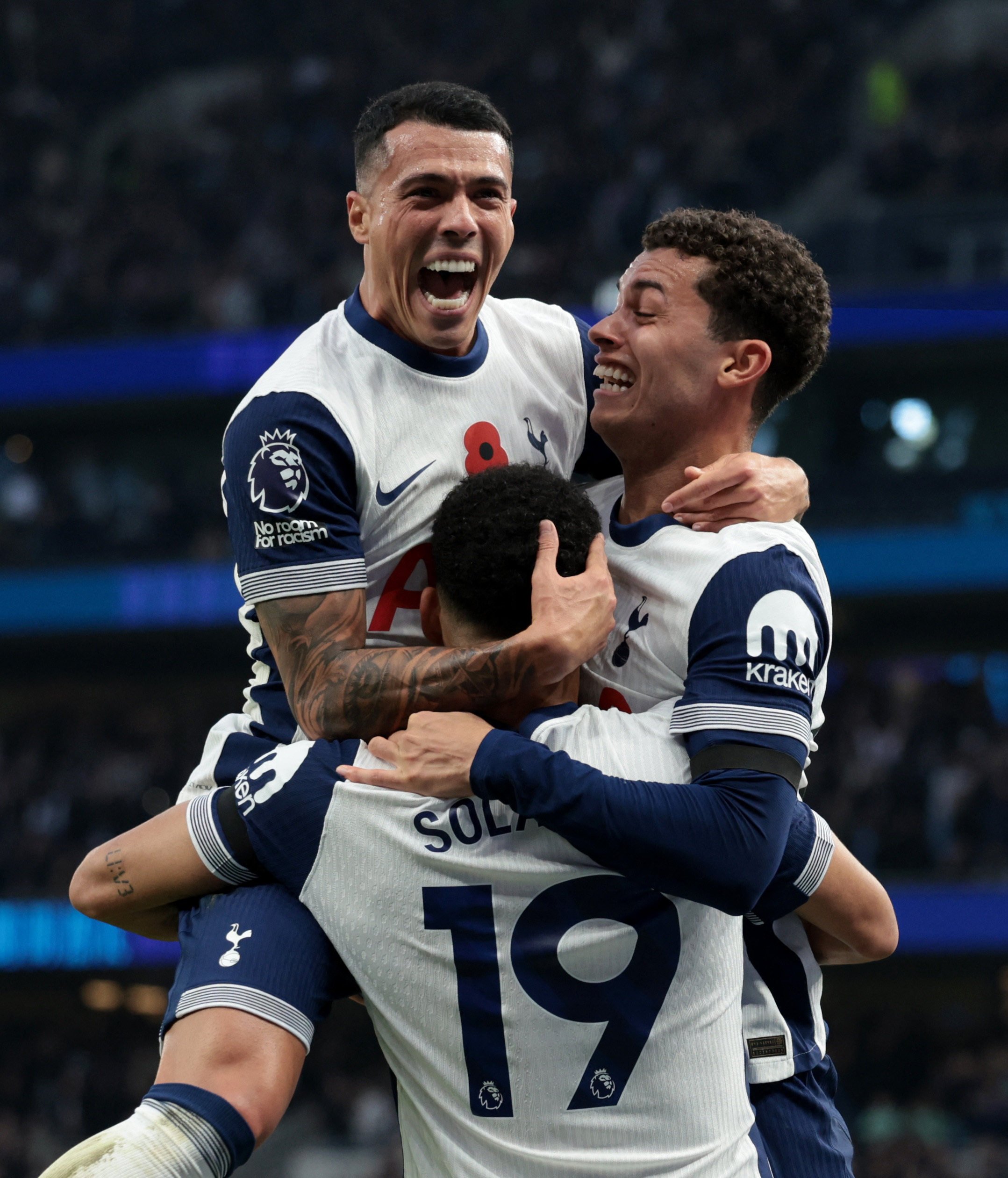 Tottenham Hotspur’s Dominic Solanke carries Brennan Johnson (right) and Pedro Porro in celebration after scoring their second goal against Aston Villa. Porro could be on his last legs, though, FPL wise. Photo: Reuters