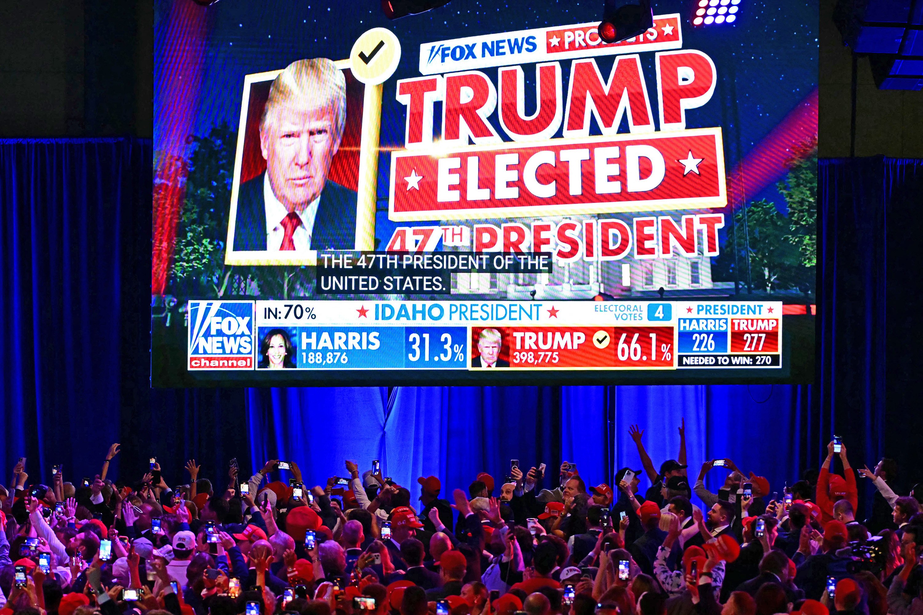 Supporters of Donald Trump celebrate as Fox News declares him the next president of the US during an election night event in Florida on November 6. Photo: AFP/Getty Images/TNS