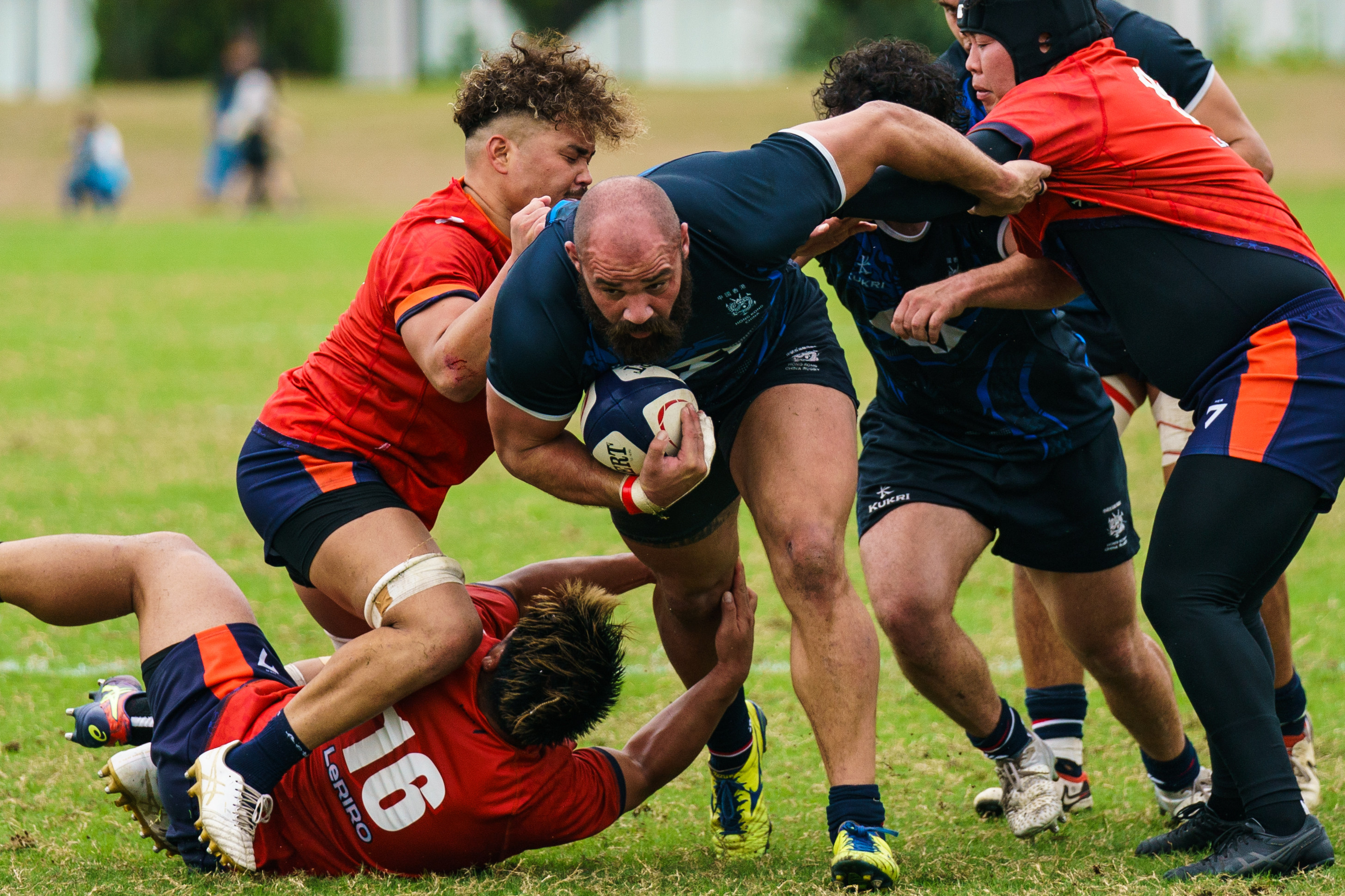 Hong Kong No 8 Luke Van Der Smit carries through contact in training. Hong Kong expects a physical battle with Brazil on the weekend. Photo: HKCR