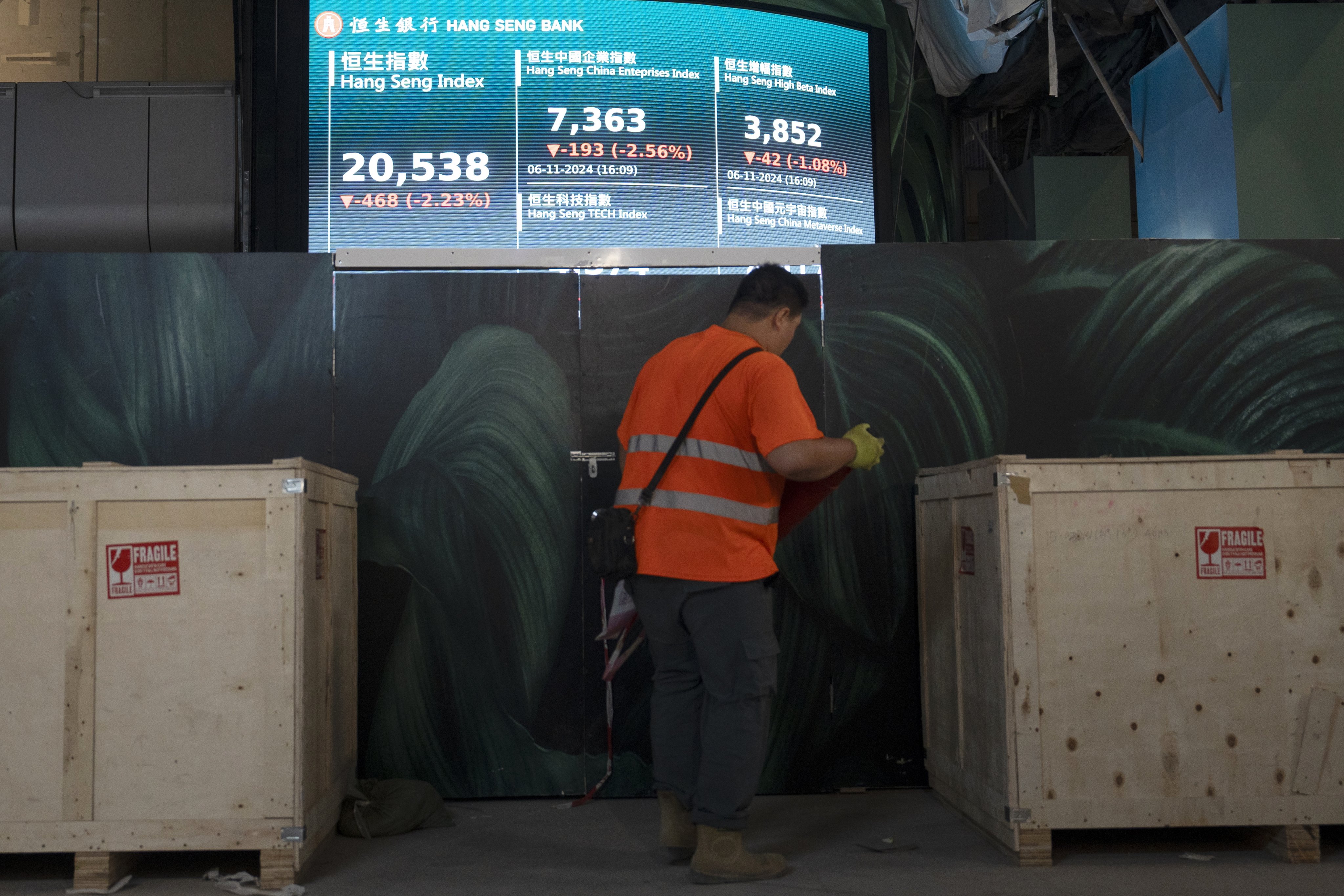 A screen showing the Hang Seng index level after Trump secured more than 270 votes to win the US presidential election. Photo: EPA-EFE