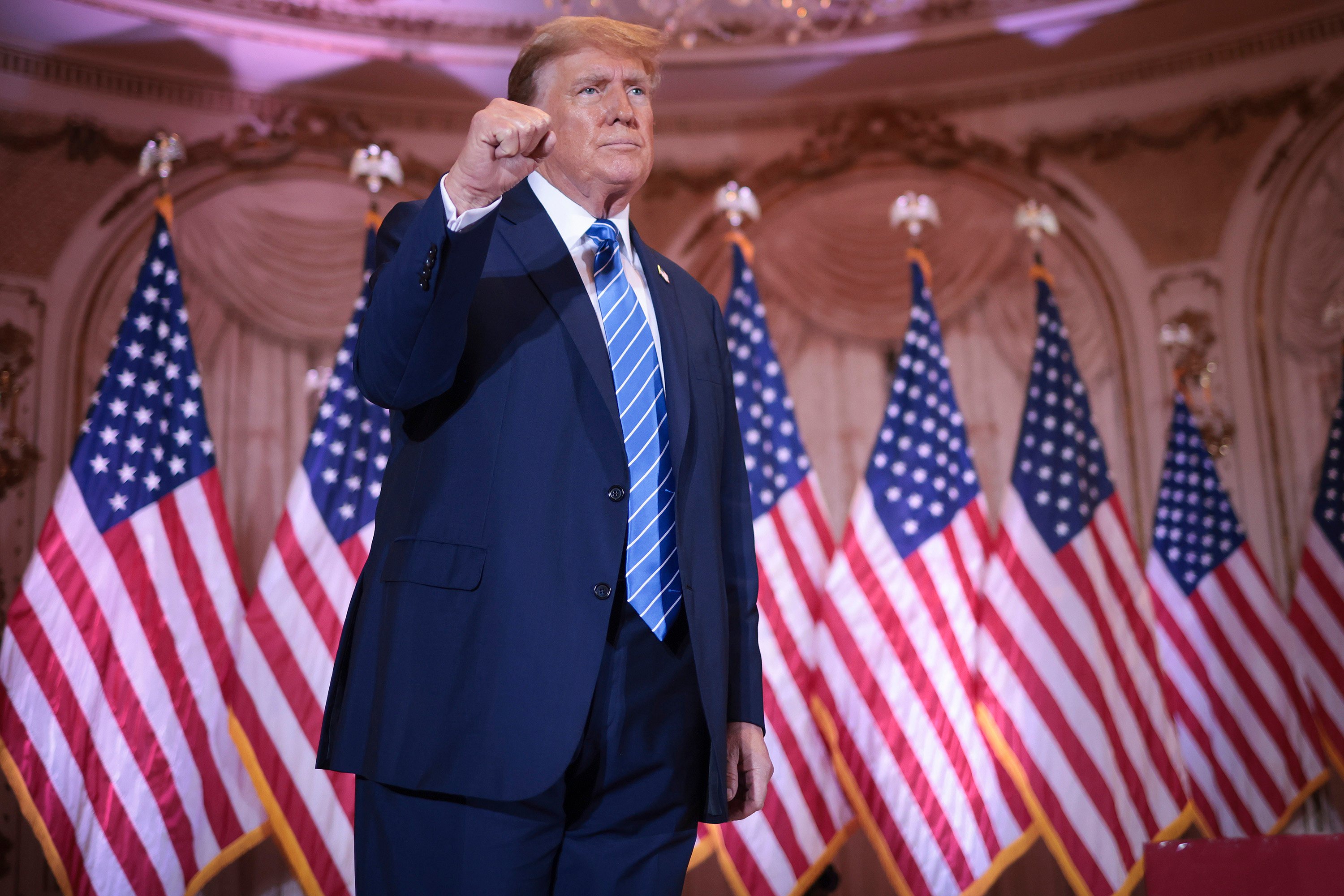 Donald Trump gestures to supporters at an election-night watch party at Mar-a-Lago in West Palm Beach, Florida. Photo: TNS