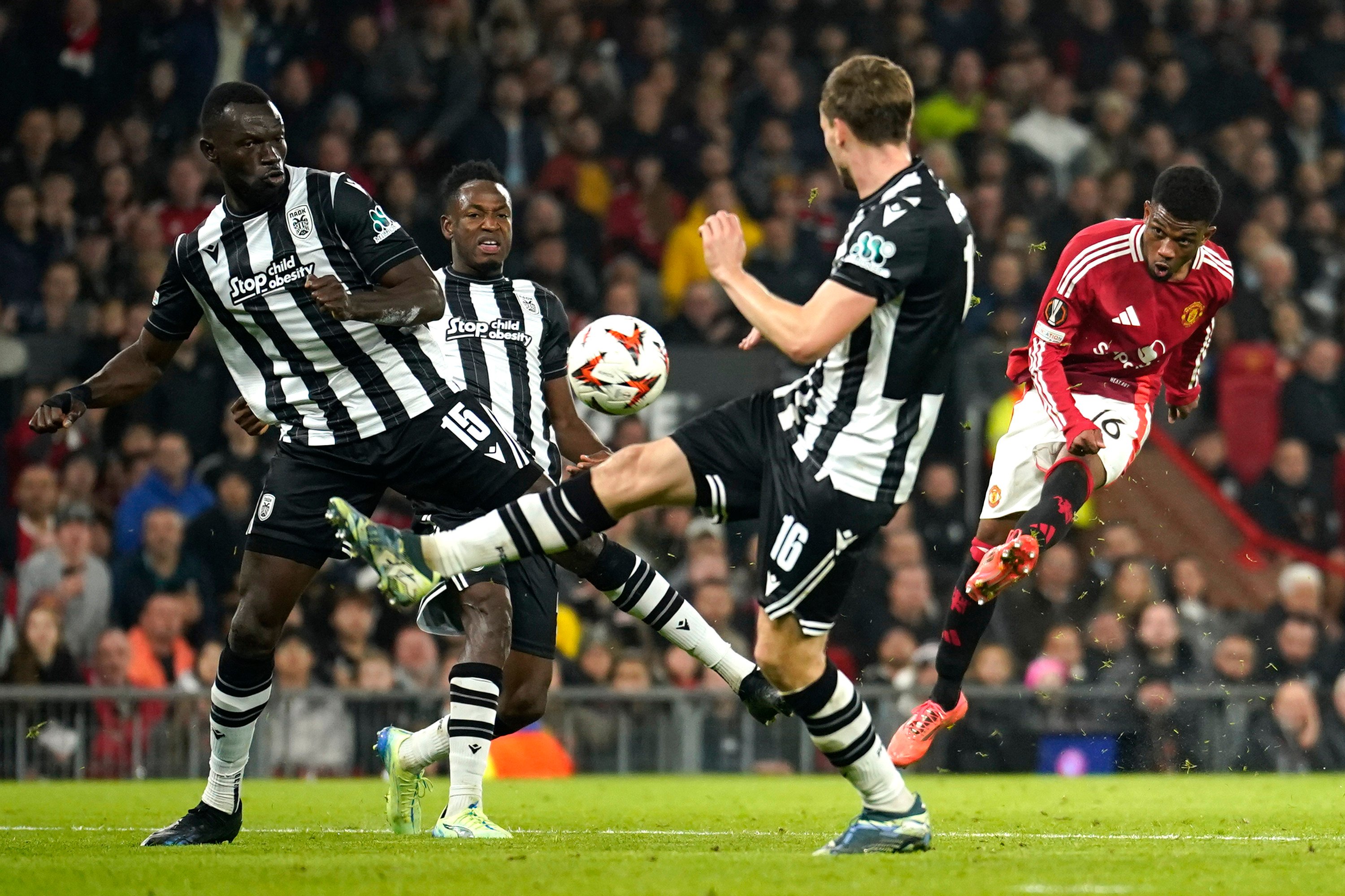 Manchester United’s Amad Diallo (right) scores his side’s second against PAOK. Photo: AP