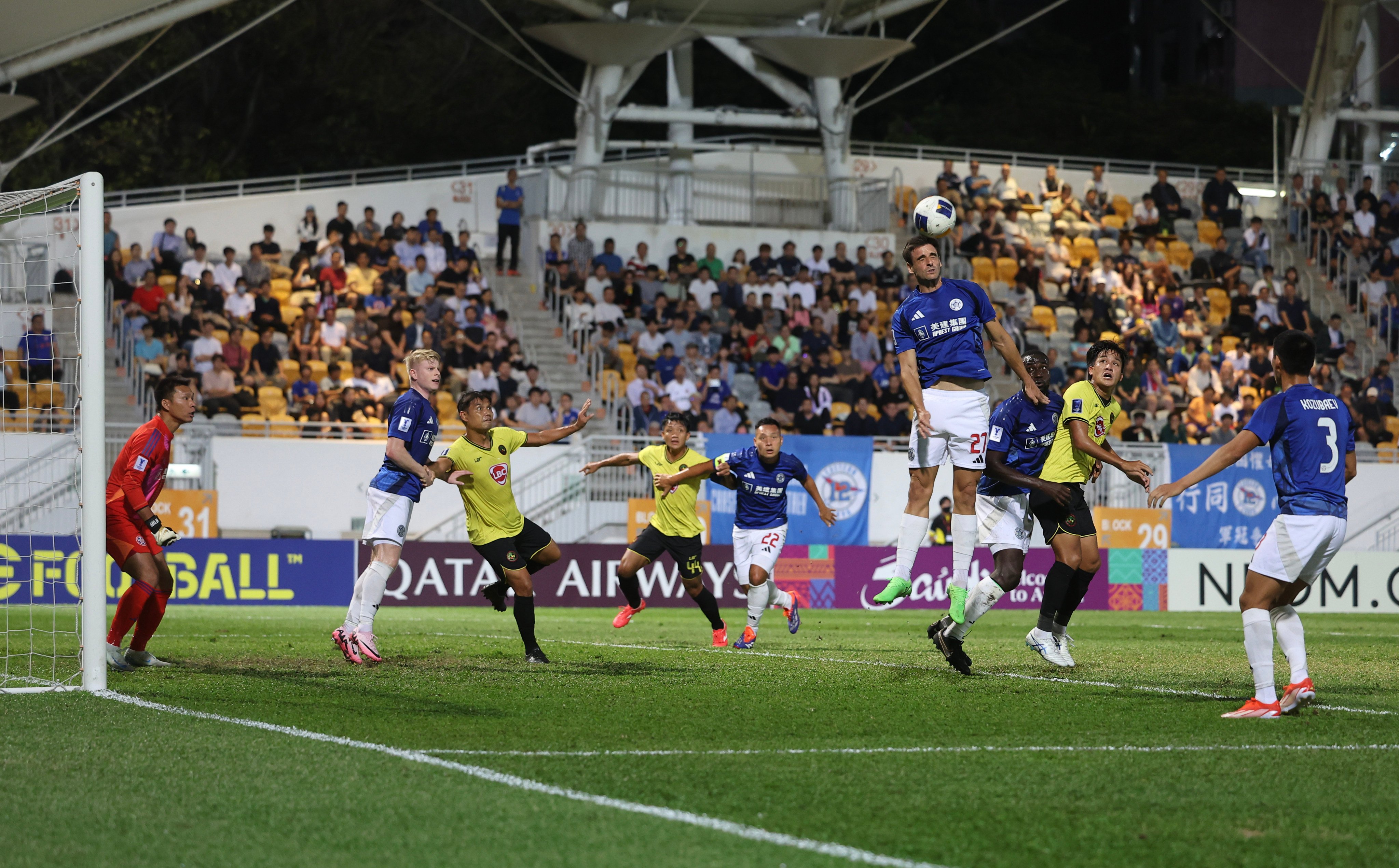 Eastern’s Marcos Gondra leaps to clear a Kaya corner at Mong Kok Stadium. Photo: Edmond So