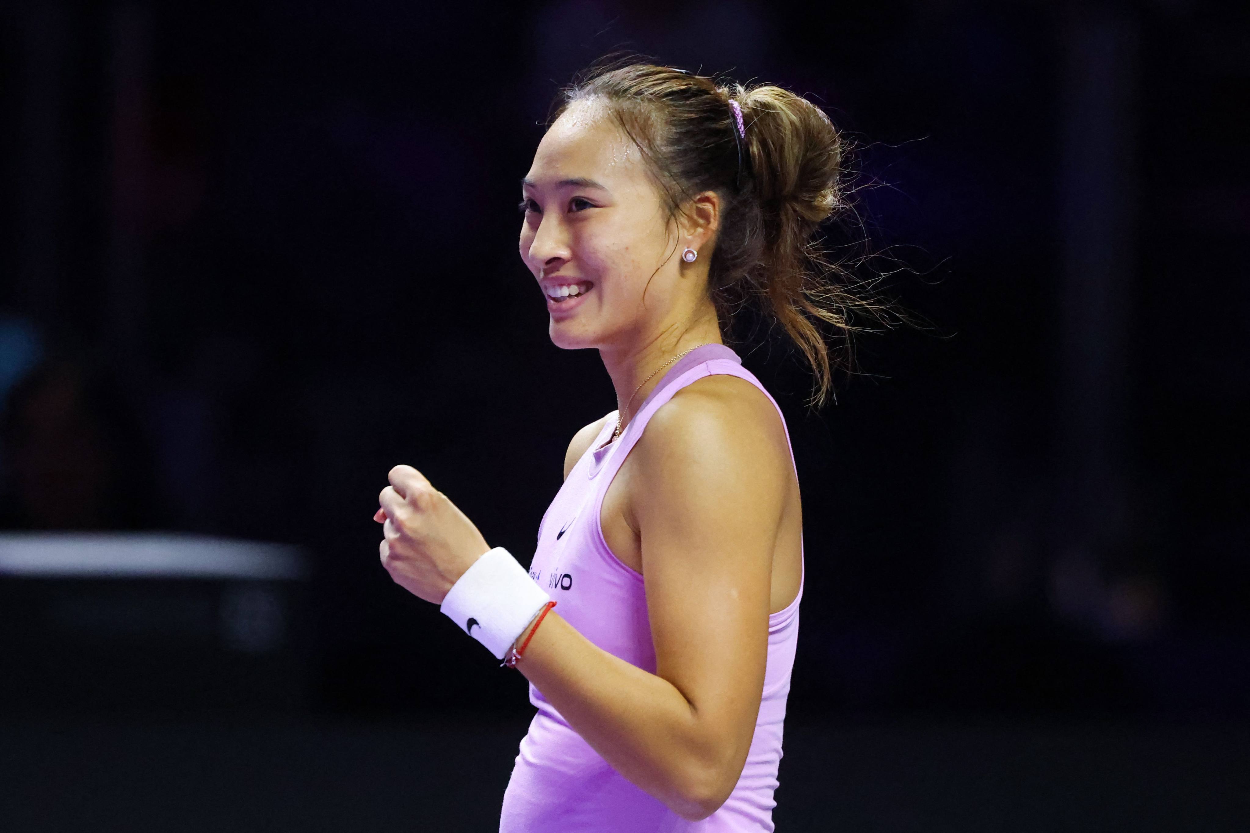 China’s Zheng Qinwen celebrates after beat Czech Republic’s Barbora Krejcikova during their women’s singles semi-final match at the WTA Finals Championship in Riyadh. Photo: AFP