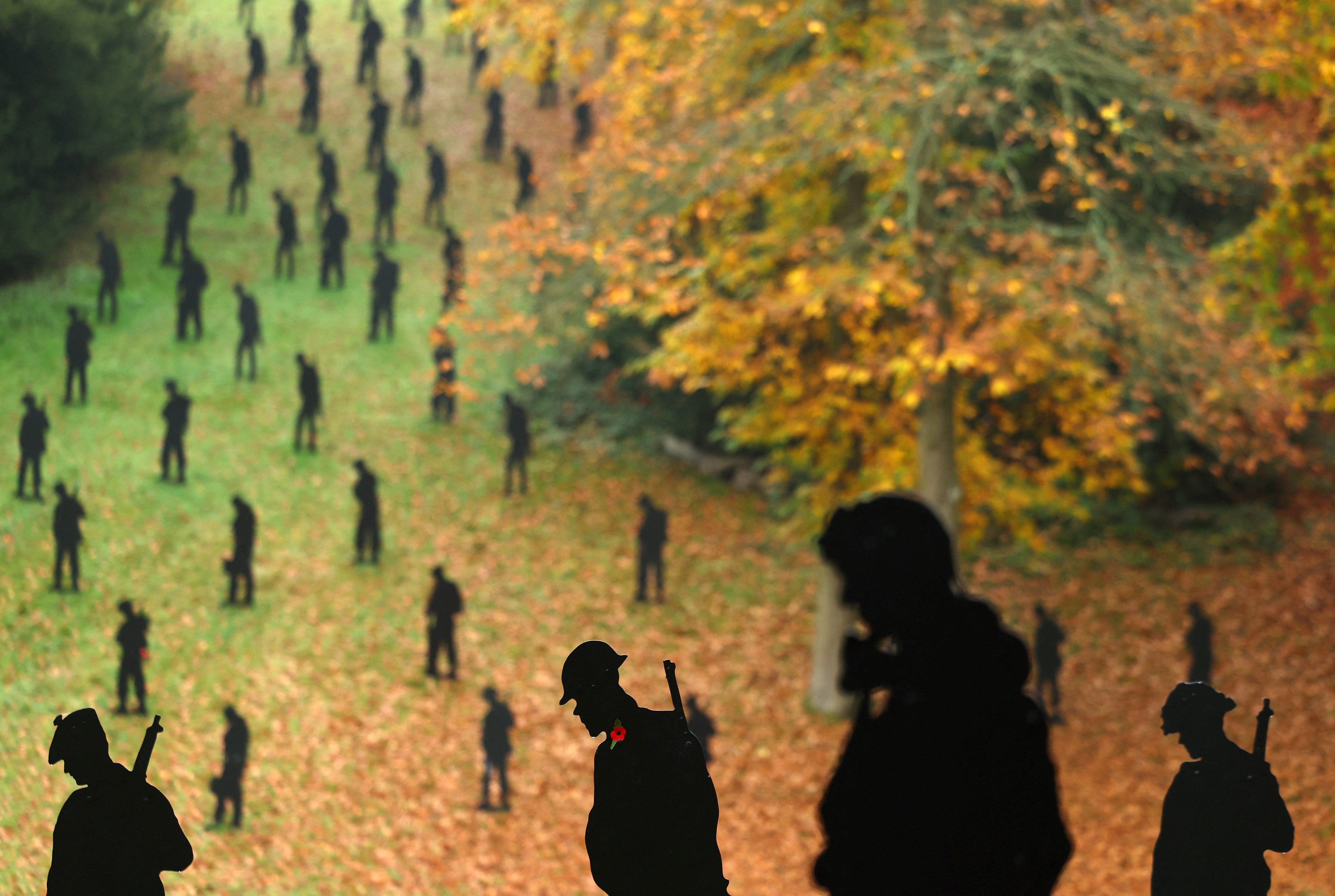 A view of ‘For Your Tomorrow’, an art installation in Stowe, England, of 1,475 silhouettes of World War II military personnel as a memorial to the soldiers killed in the 1944 D-Day landings 80 years ago. Photo: Reuters