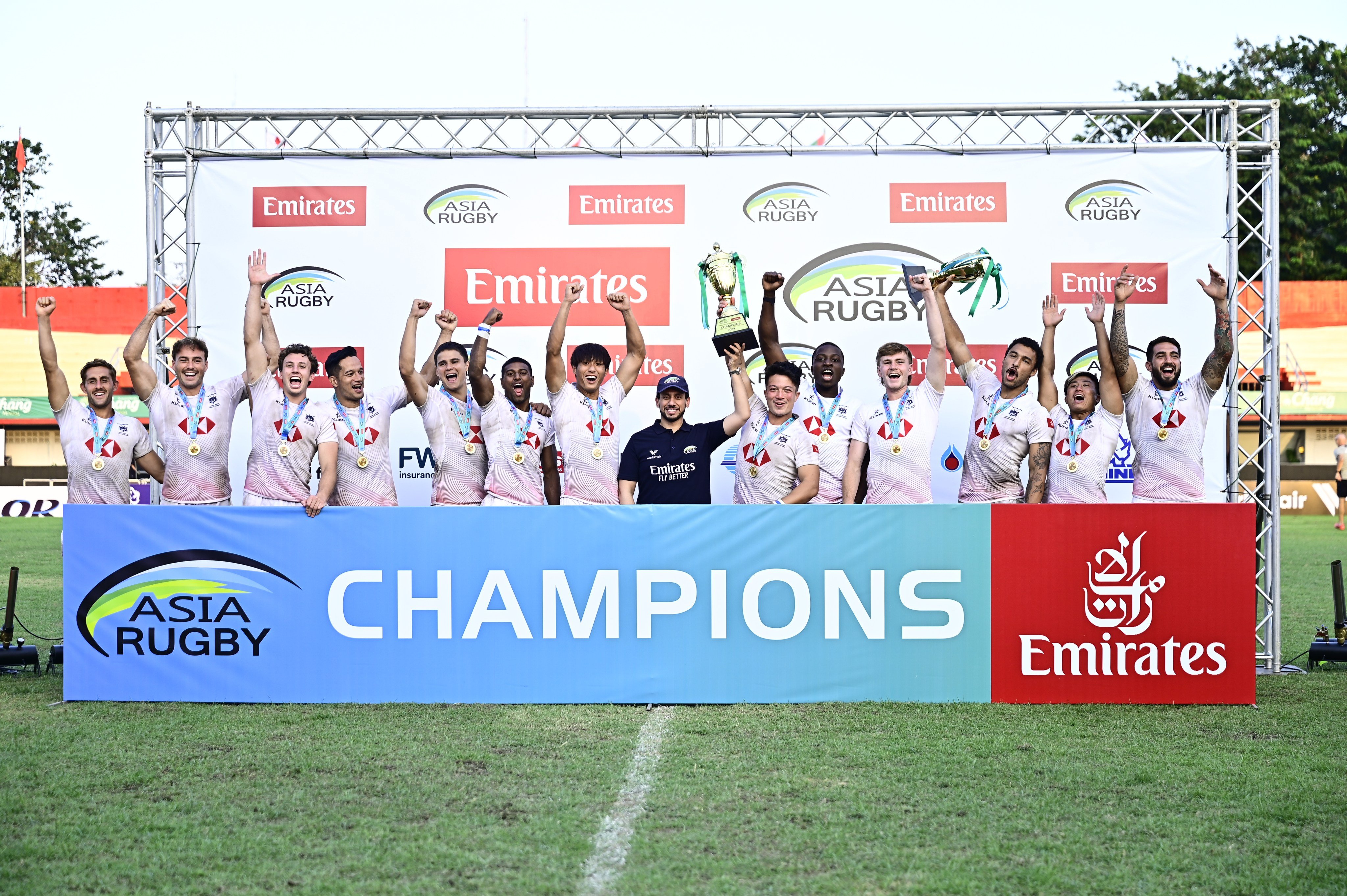 Hong Kong’s men celebrate completing an Asia Rugby Sevens Series clean sweep. Photo: HKCR