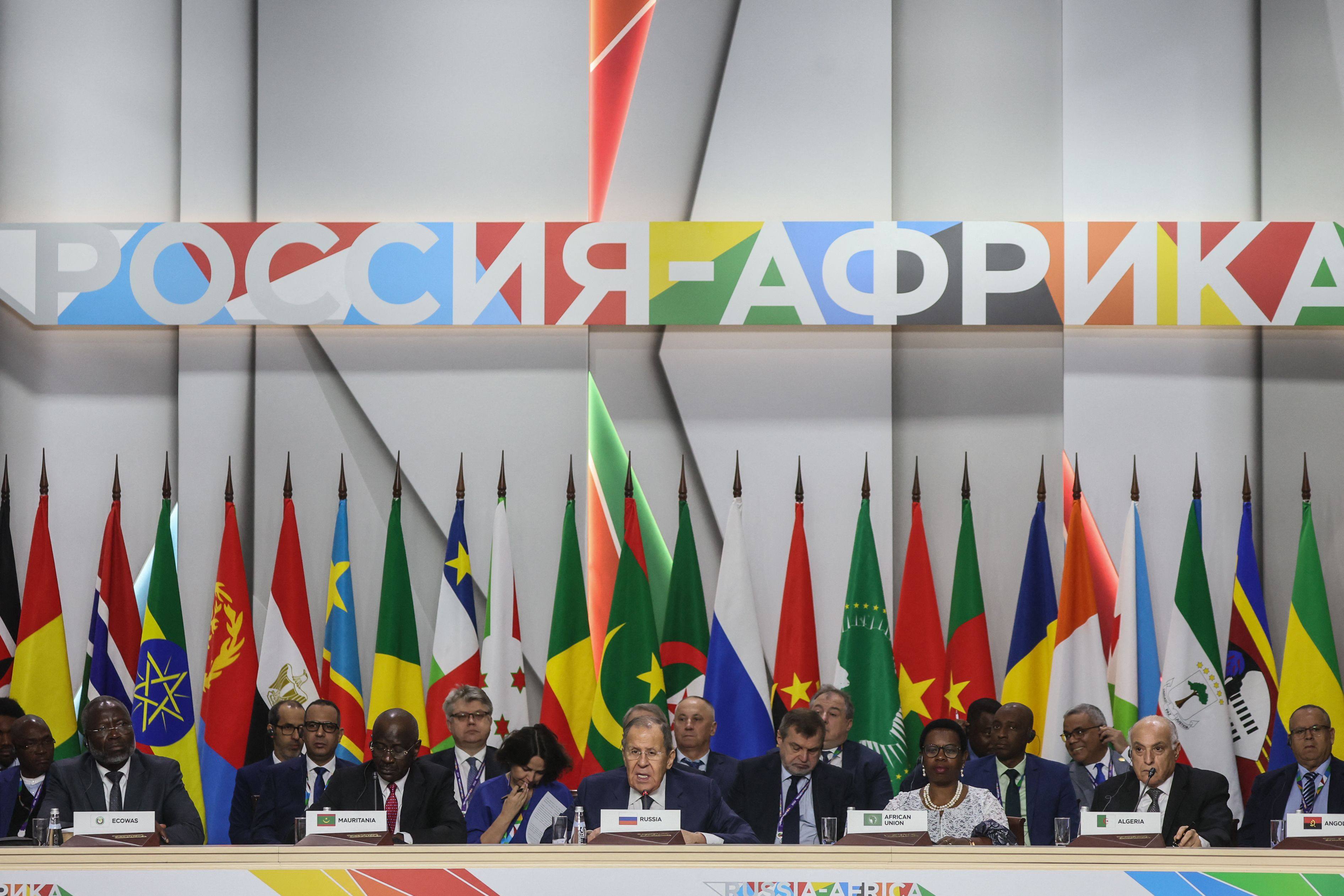 Russia’s Foreign Minister Sergei Lavrov (centre) attends the ministerial conference of the Russia-Africa partnership forum at Sirius University in Sochi on Sunday. Photo: AFP