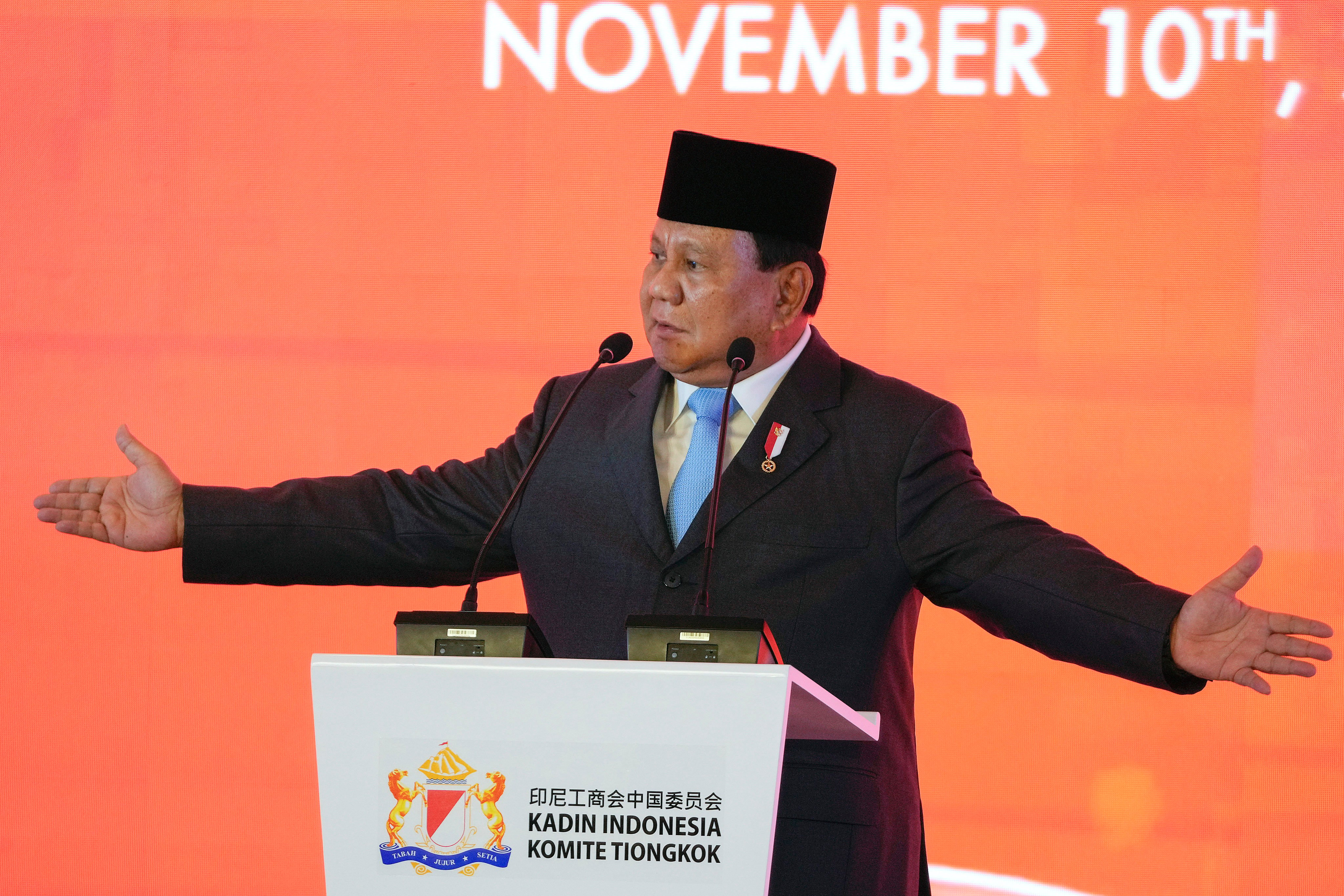 Indonesian President Prabowo Subianto during the Indonesia-China Business Forum in Beijing on Sunday. Photo: AP