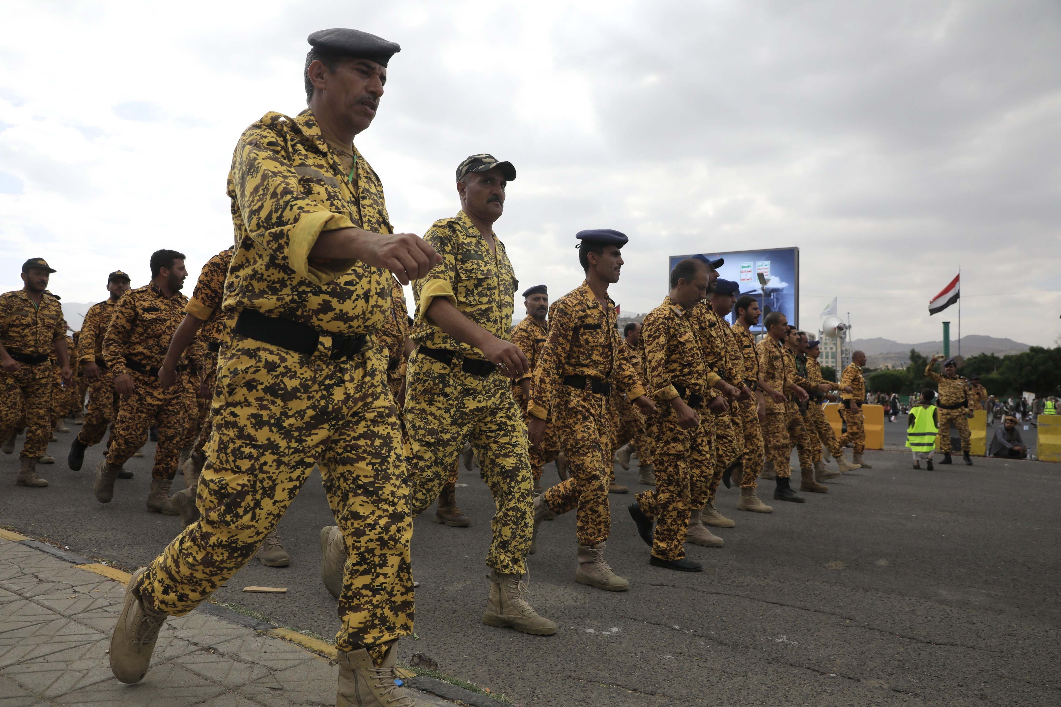 Houthi soldiers march during a military course, in Sana’a, Yemen, on Friday. Photo: EPA-EFE